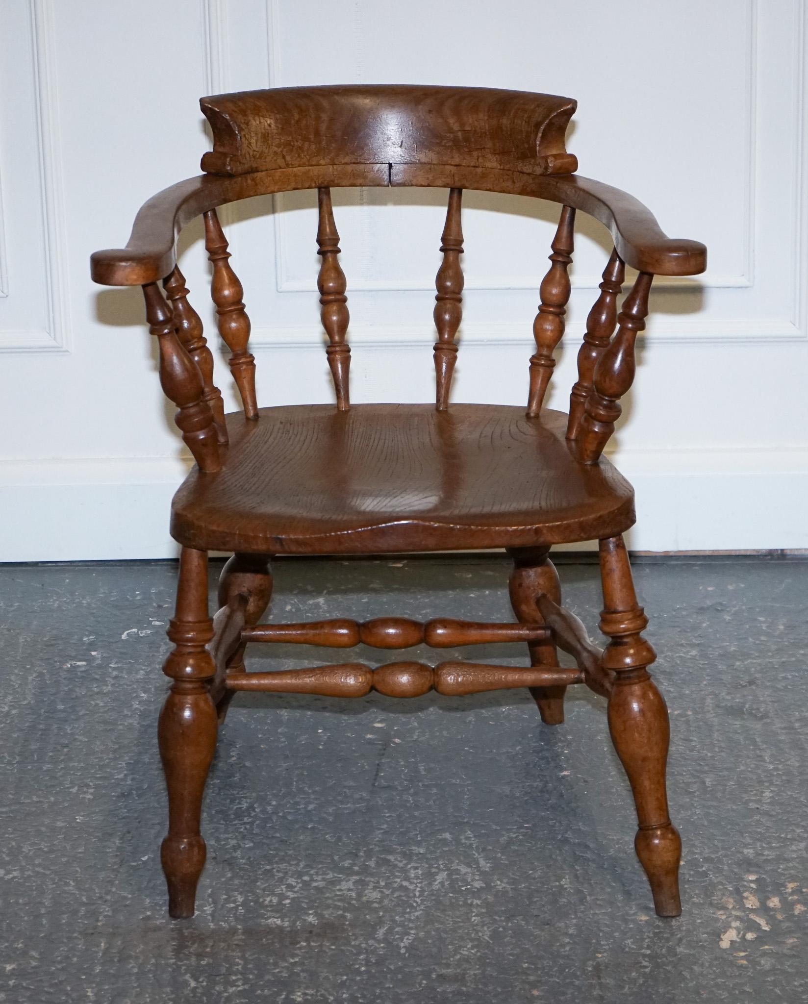 Gorgeous Patina Edwardian Solid Elm Bow Back Smokers Captains Chair For Sale 3