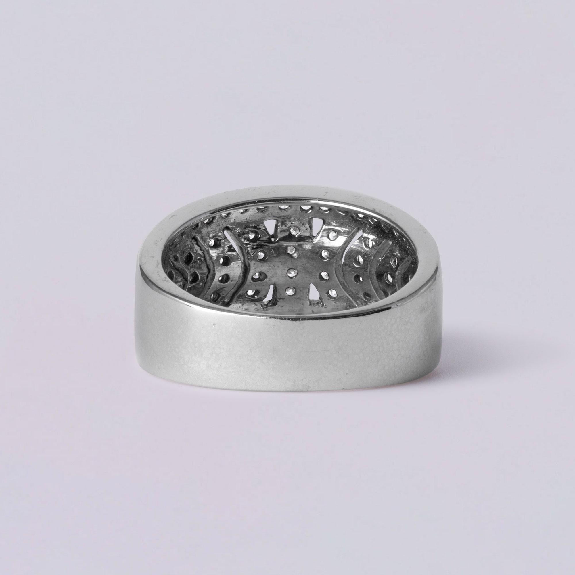 Round Cut Gorgeous Pattern 14K White Gold Diamond Wide Band, Vintage Ring For Sale
