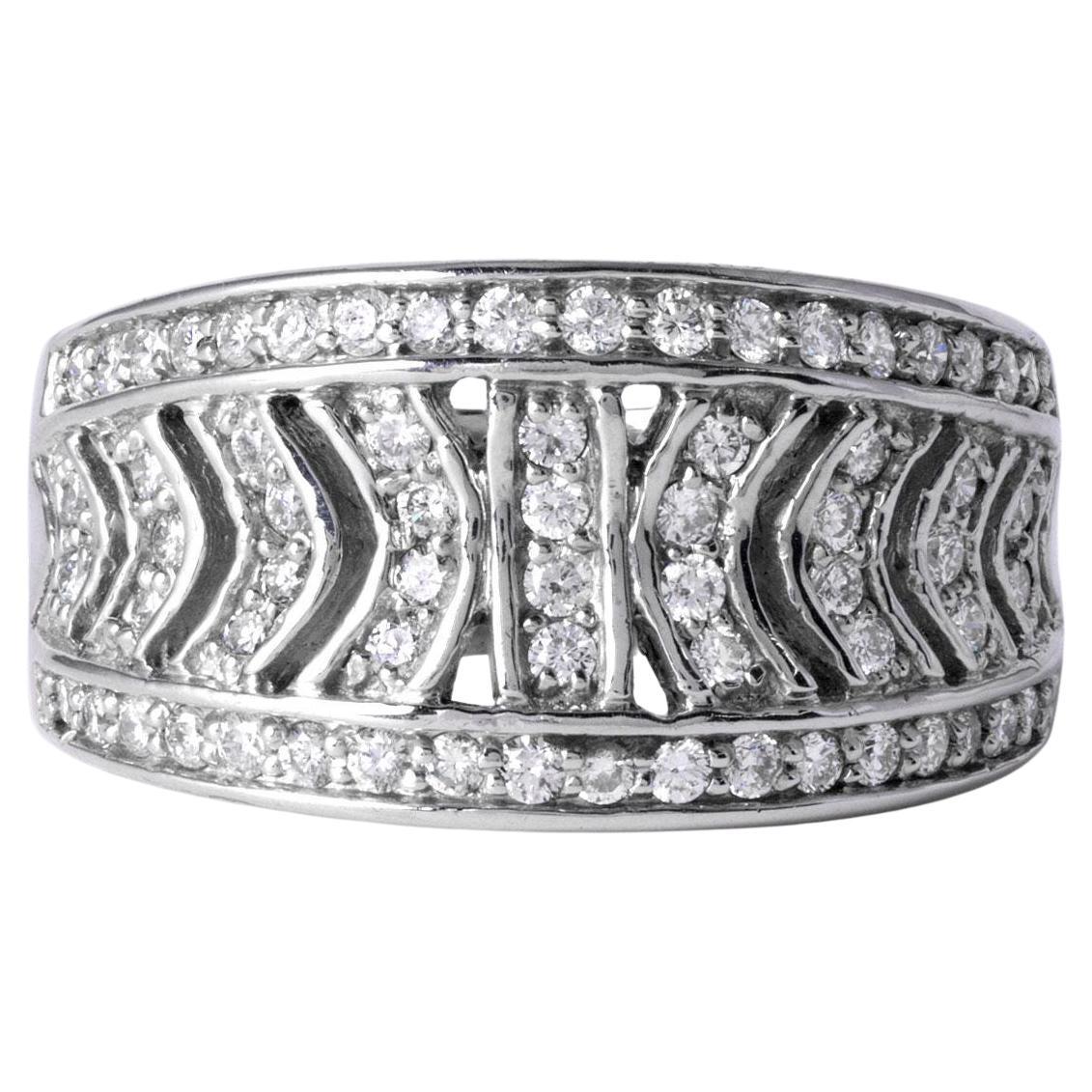 Gorgeous Pattern 14K White Gold Diamond Wide Band, Vintage Ring For Sale