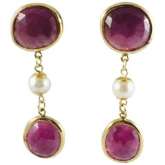 Gorgeous Pearl Ruby Gold Dangle Earrings