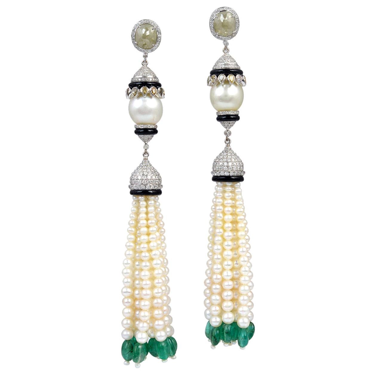Gorgeous Multi Gemstone Pearl Tassel Earring With Diamonds In 18K White Gold For Sale