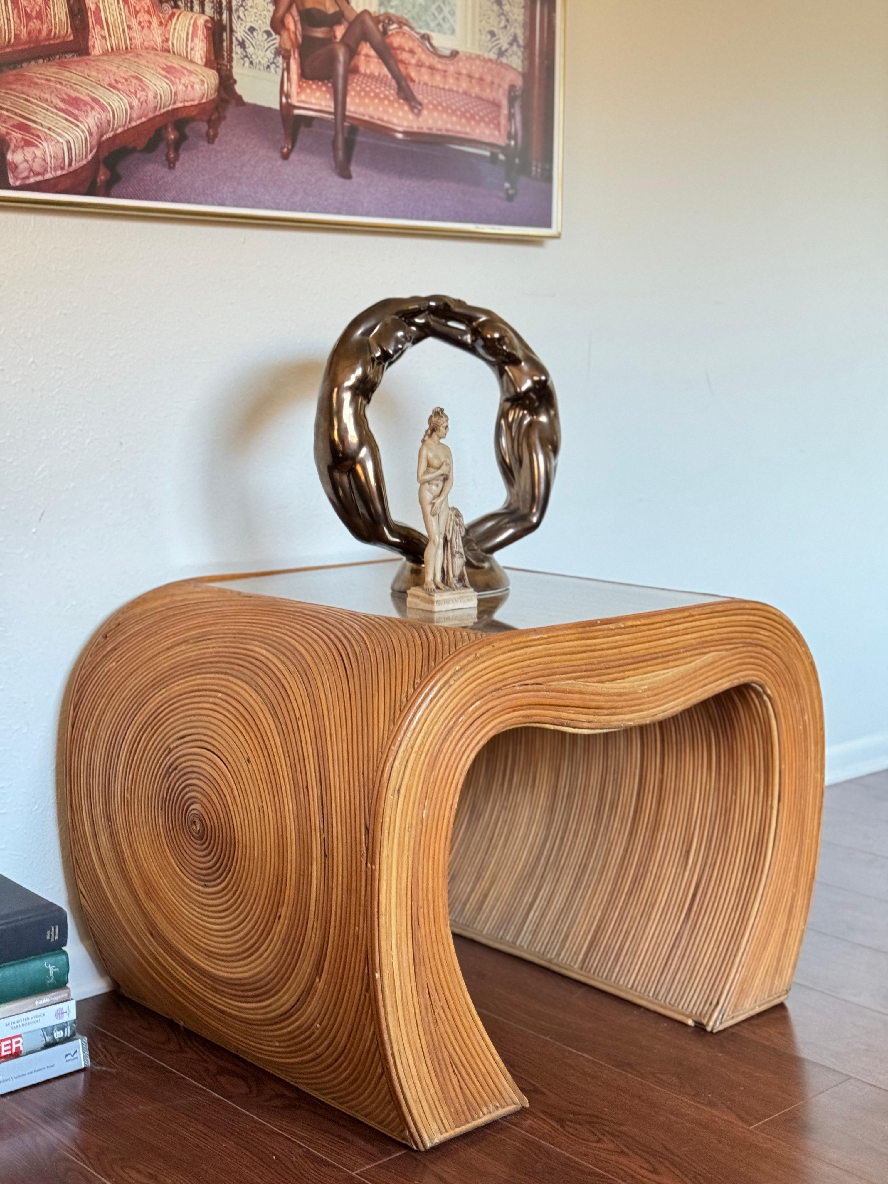 Gorgeous pencil reed end table with a glass top in the style of Gabriella CrespI For Sale 3