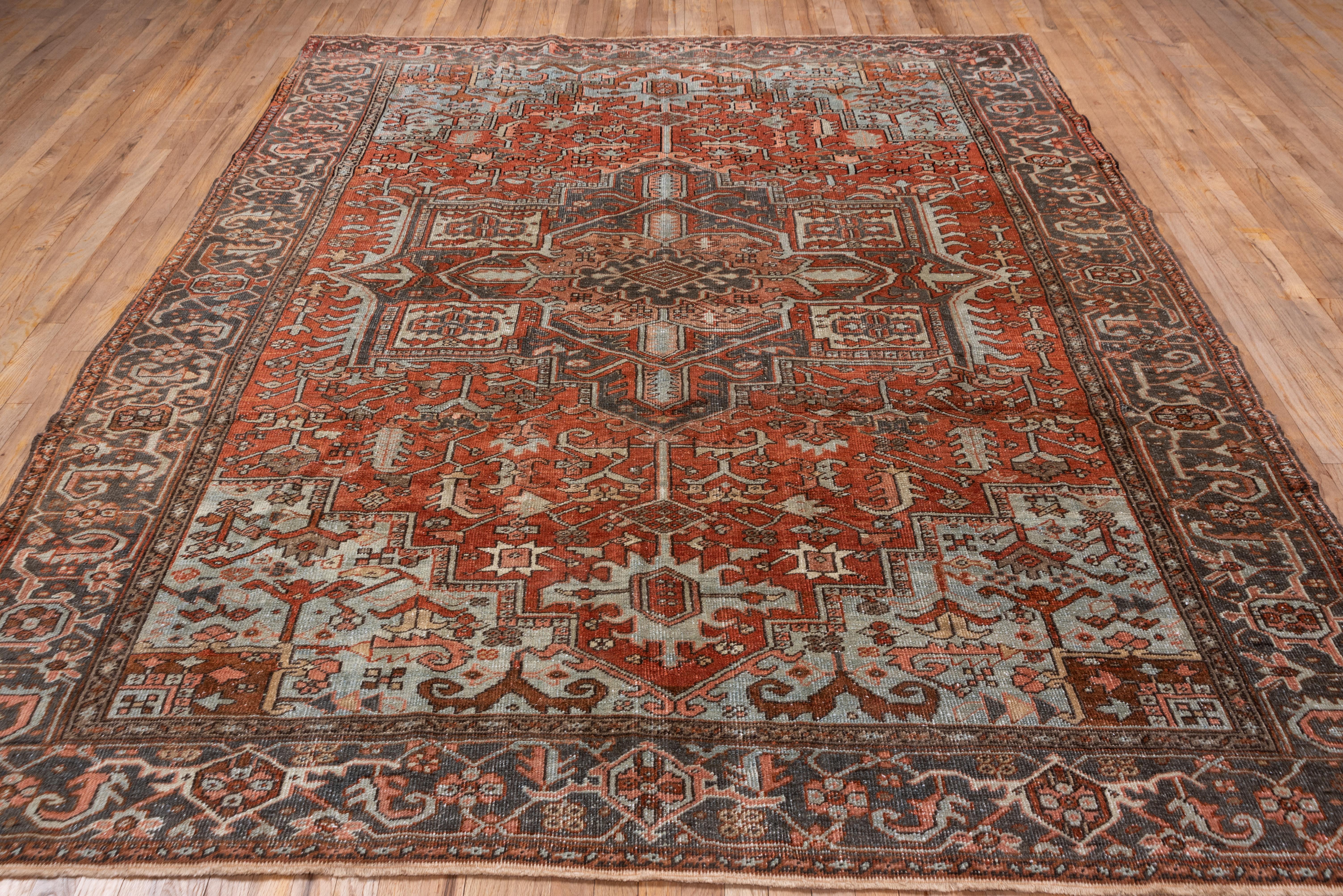 Hand-Knotted Gorgeous Persian Heriz Carpet, Geometric, Red Field, Blue Outer Field For Sale