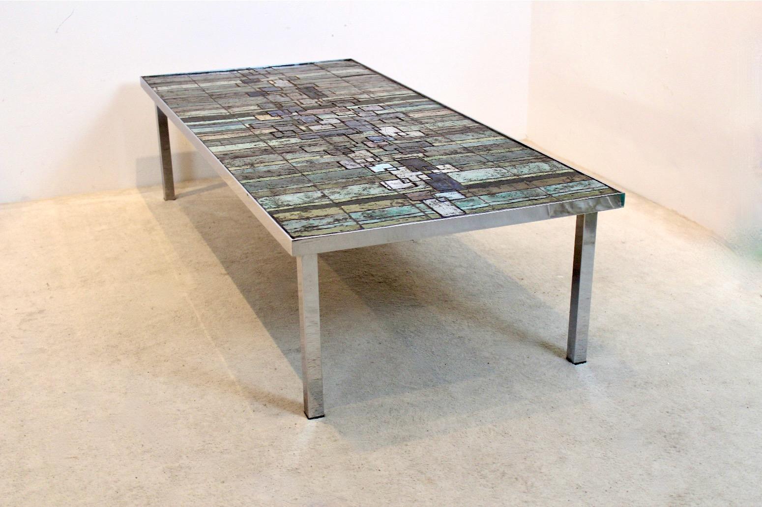 Gorgeous Pia Manu Slate and Ceramic Mosaic Artwork Coffee Table, Belgium In Good Condition In Voorburg, NL
