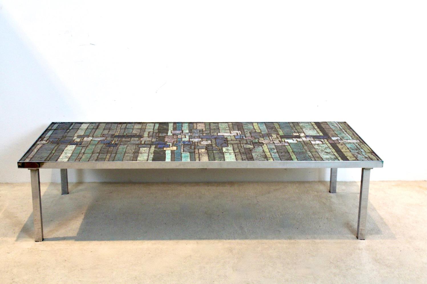 Gorgeous Pia Manu Slate and Ceramic Mosaic Artwork Coffee Table, Belgium For Sale 3