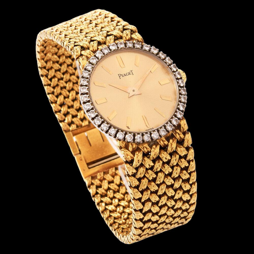 Round Cut Gorgeous Piaget Yellow Gold Diamond and Gold Dial Ladies Wrist Watch