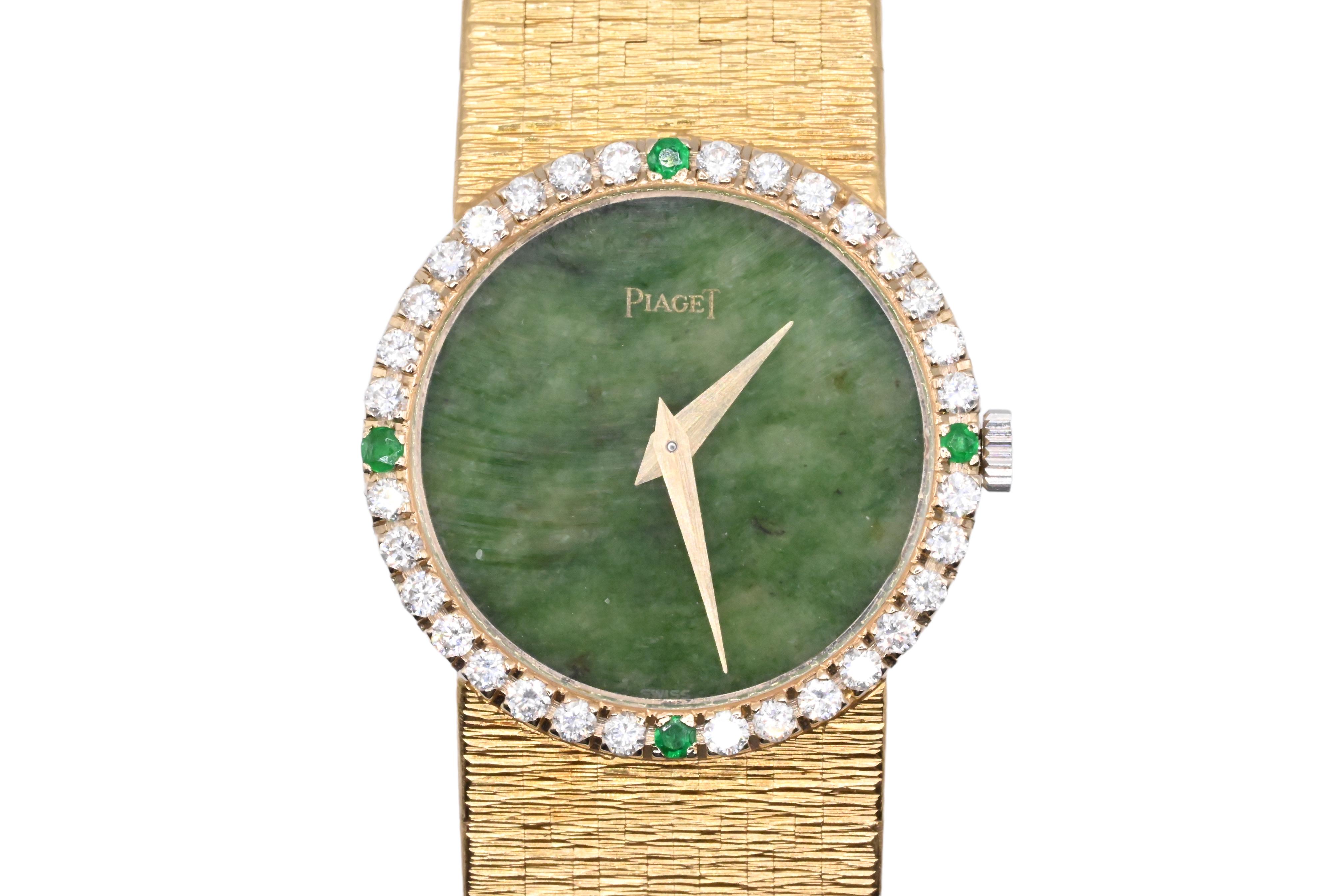 Round Cut Gorgeous Piaget Yellow Gold Diamond and Jade Dial Ladies Wrist Watch