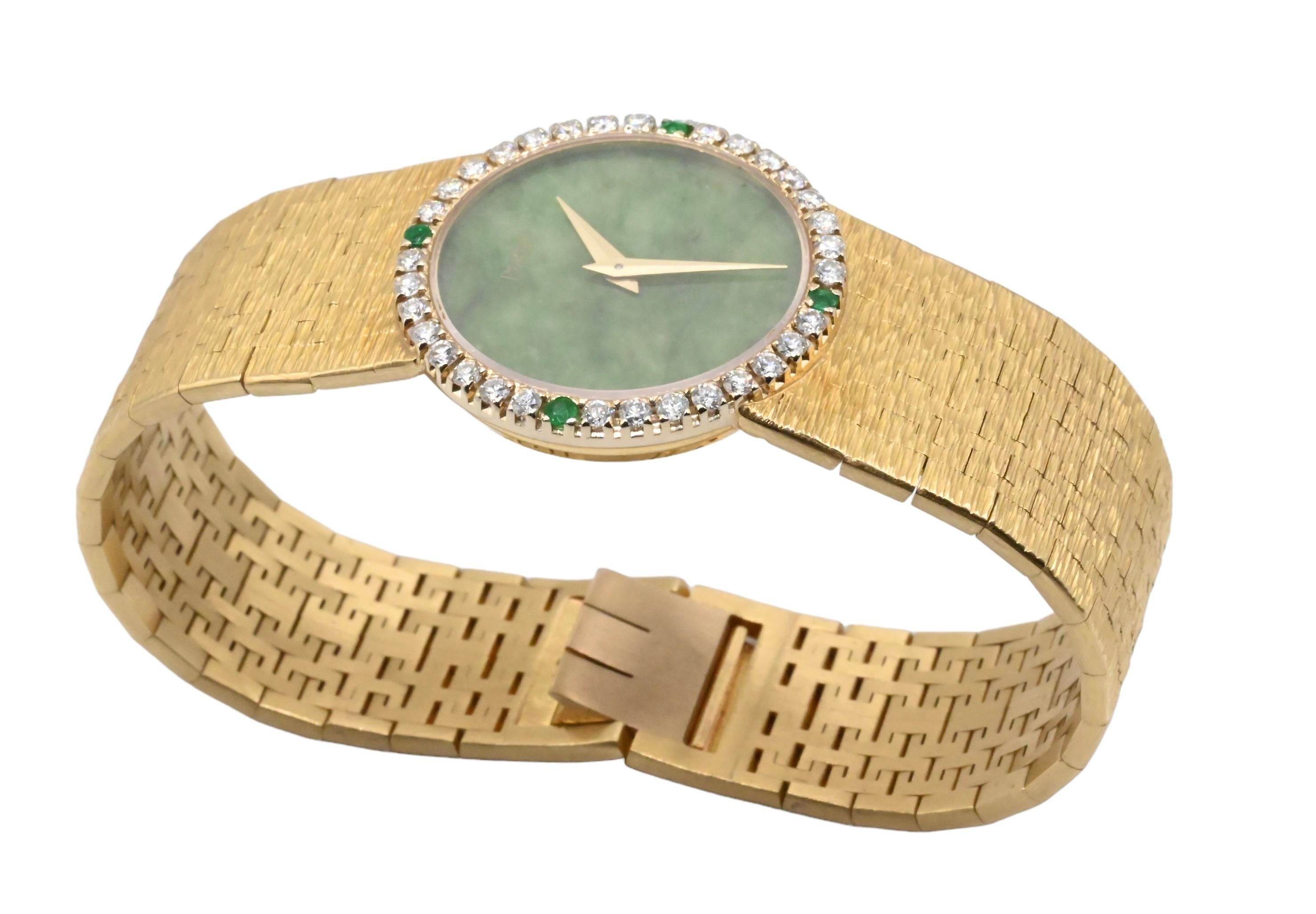 Round Cut Gorgeous Piaget Yellow Gold Diamond and Jade Dial Ladies Wrist Watch