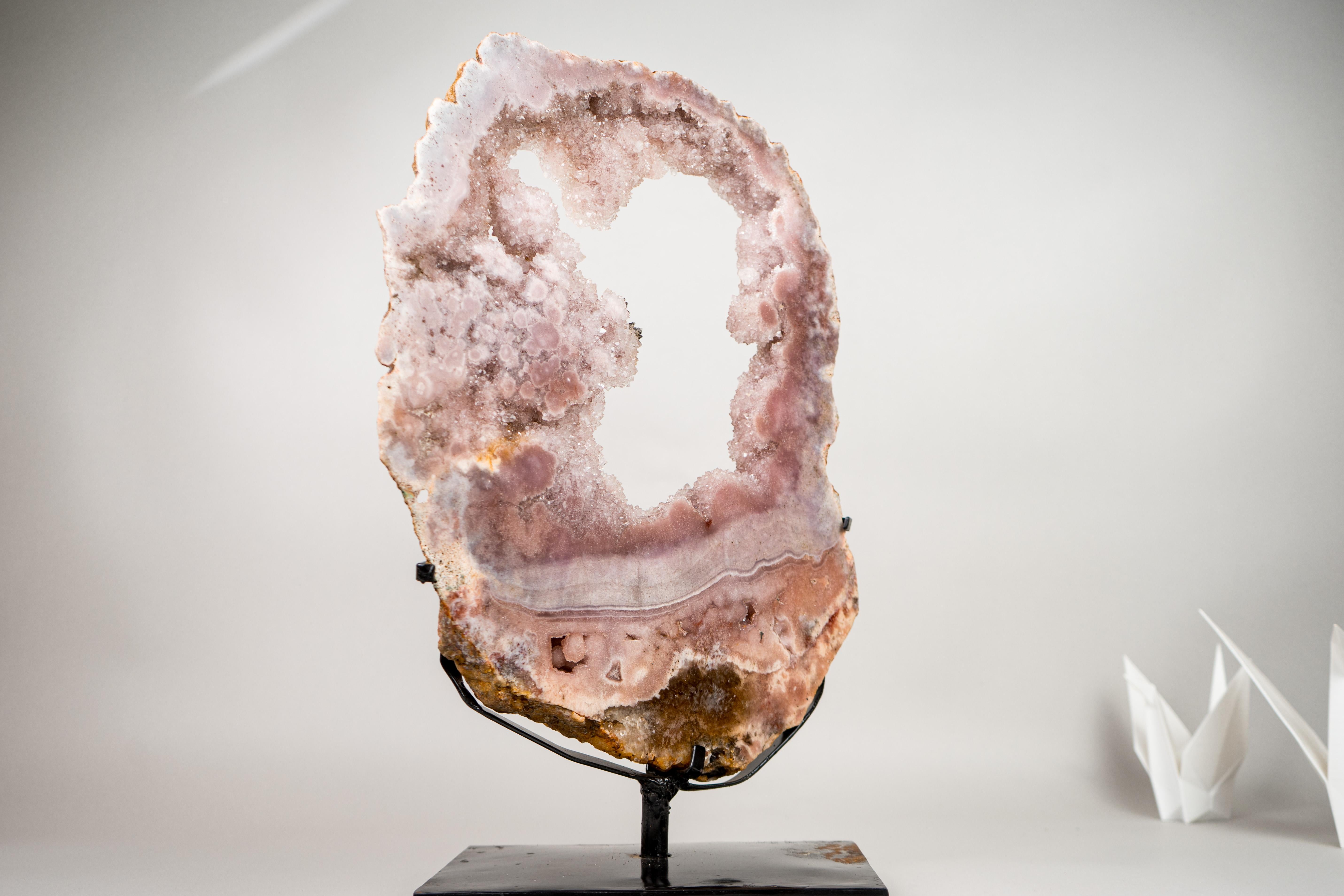 Brazilian Gorgeous Pink Amethyst Geode Portal with Rose Druzy on Botryoidal Flowers For Sale