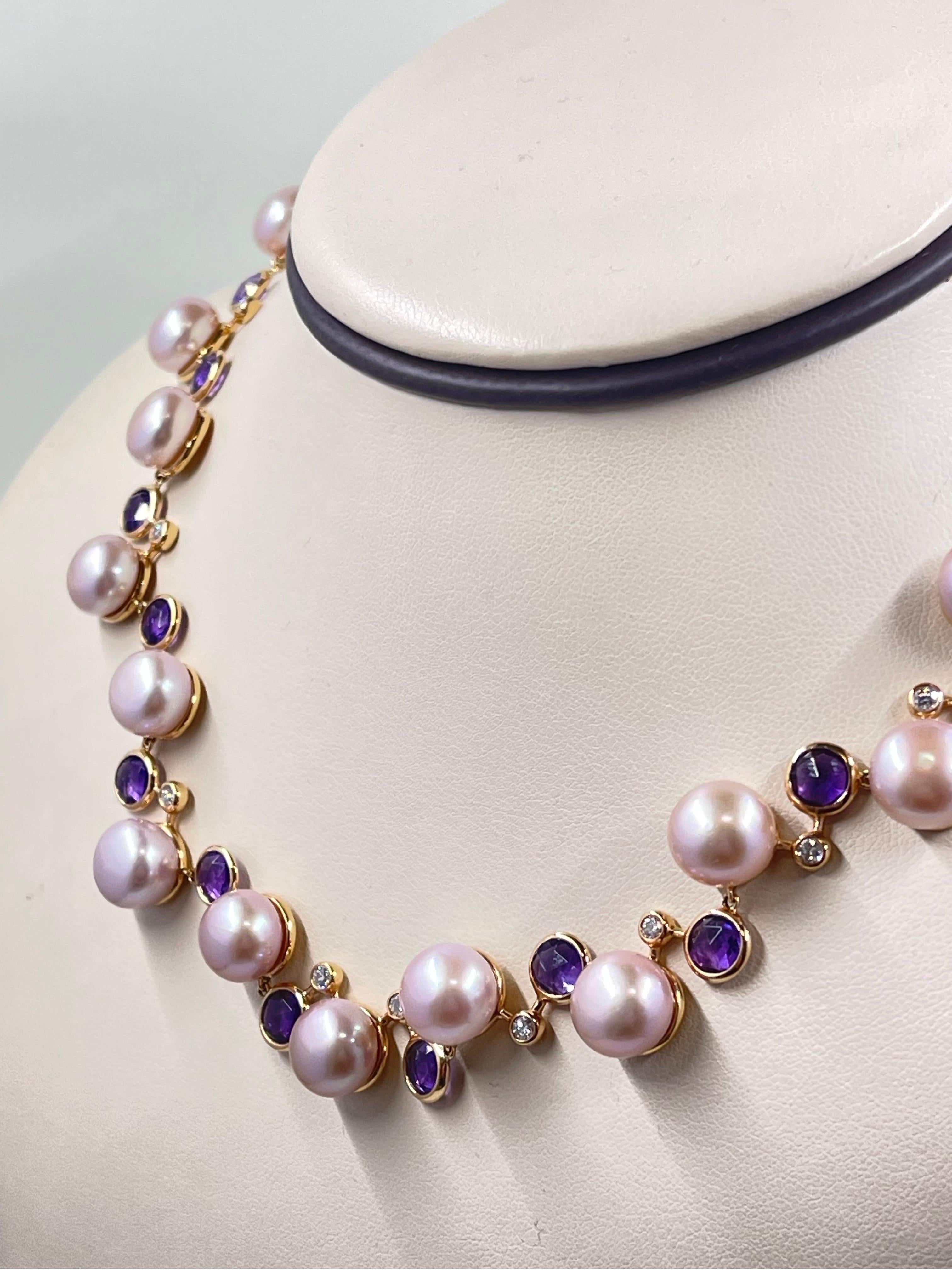 Classical Roman Gorgeous Pink Pearl, Amethyst And Diamond Necklace In 18k For Sale