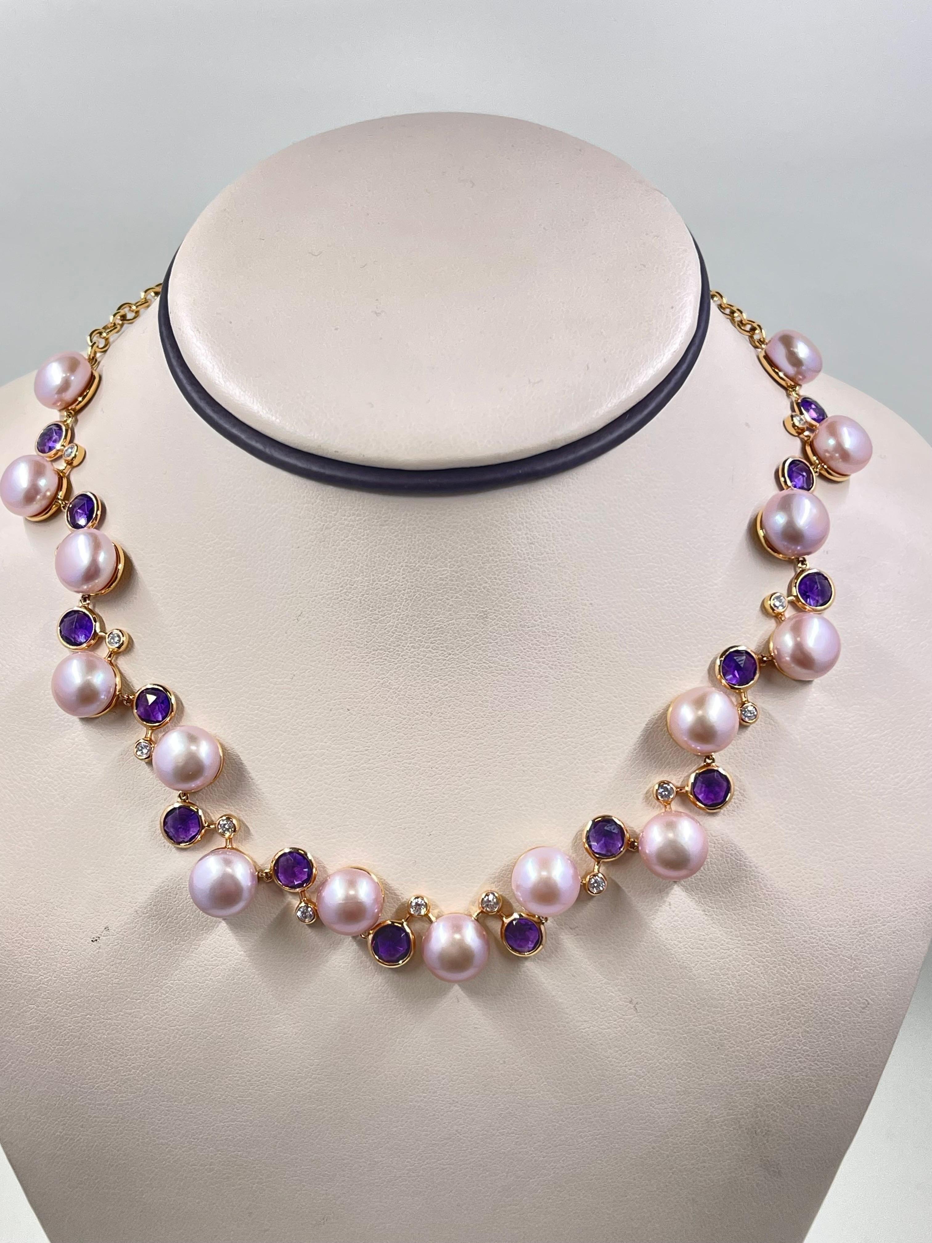 Round Cut Gorgeous Pink Pearl, Amethyst And Diamond Necklace In 18k For Sale