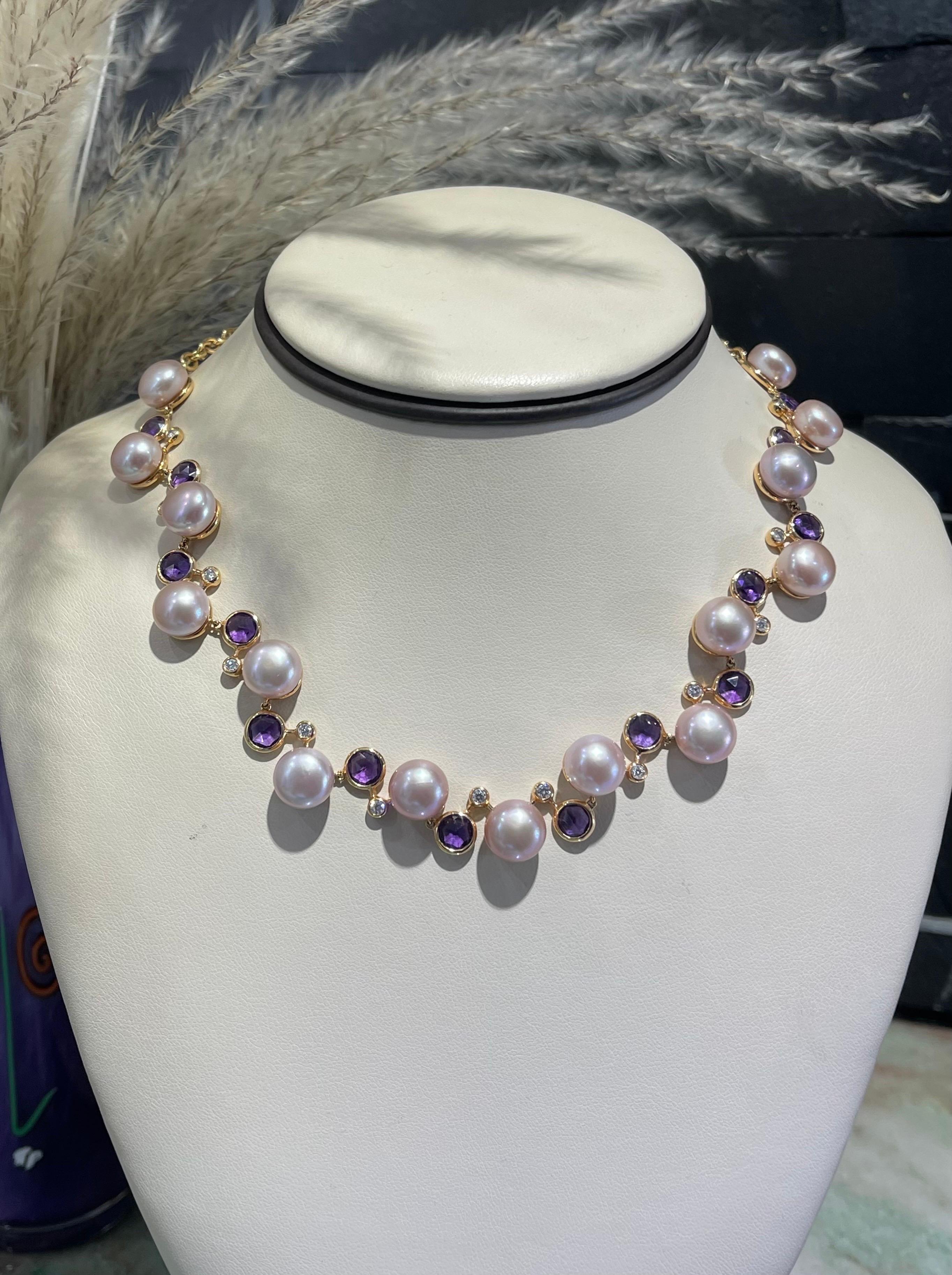 Gorgeous Pink Pearl, Amethyst And Diamond Necklace In 18k In Excellent Condition For Sale In Fort Lauderdale, FL