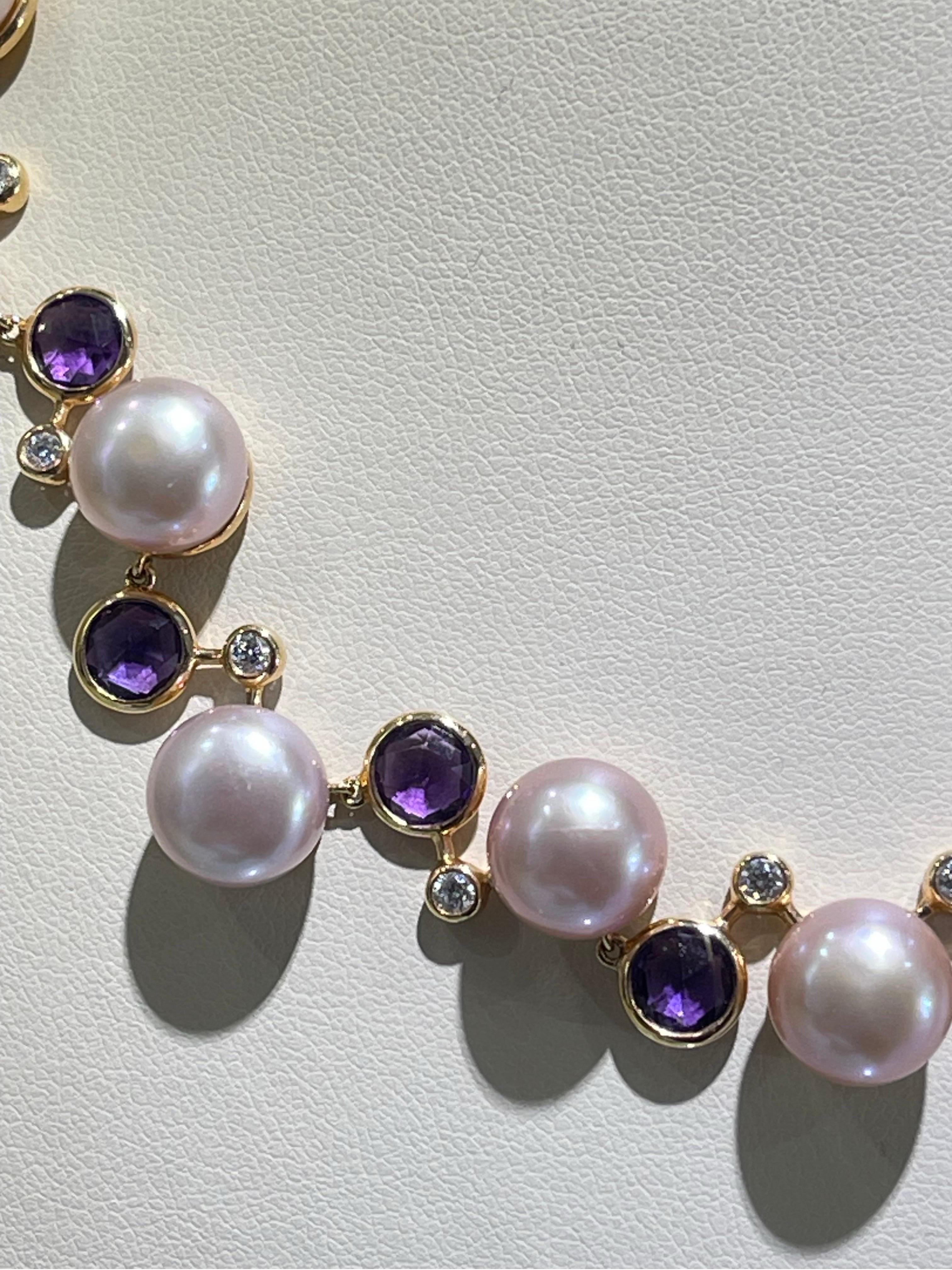 Magnifique collier de perles roses, améthystes et diamants 18 carats Pour femmes en vente