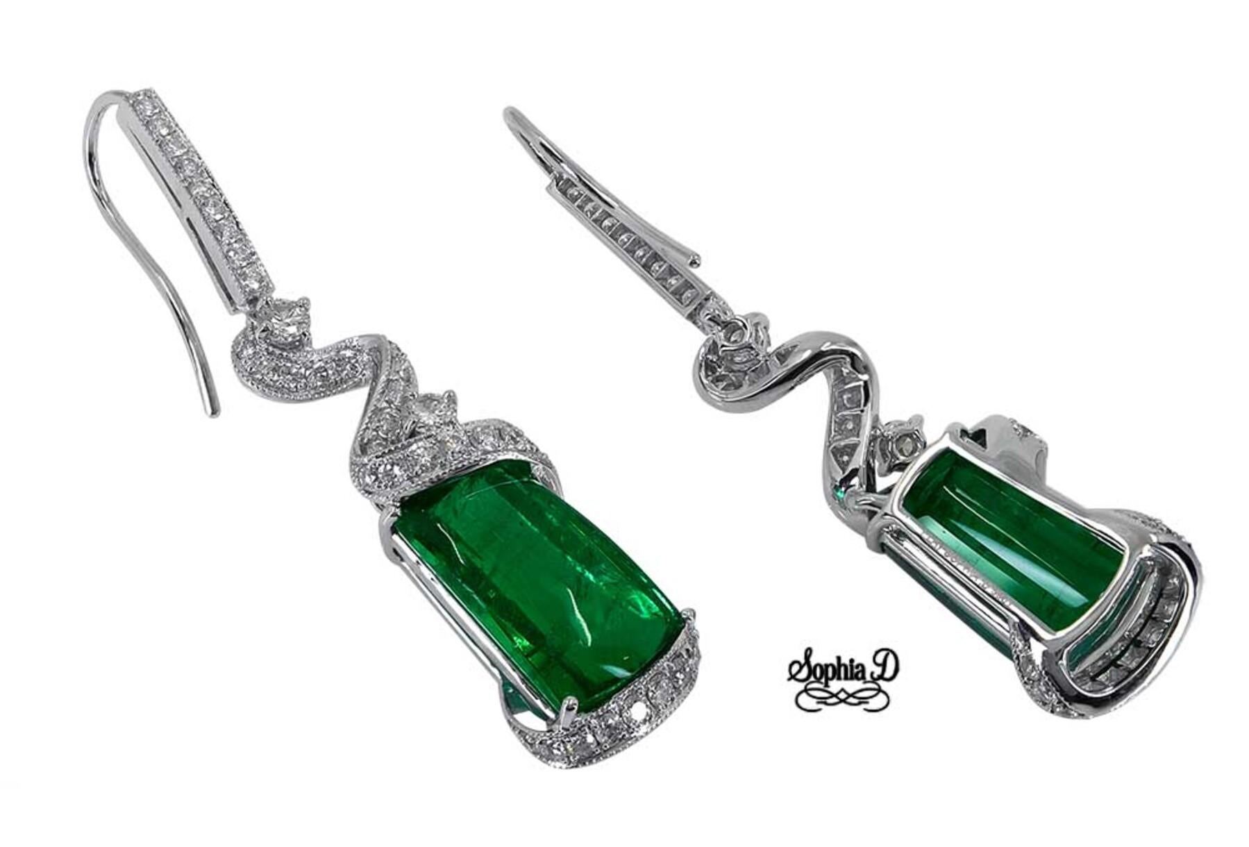 Art Deco Sophia D, 11.91 Carat Emerald and Diamond Earrings in Platinum For Sale