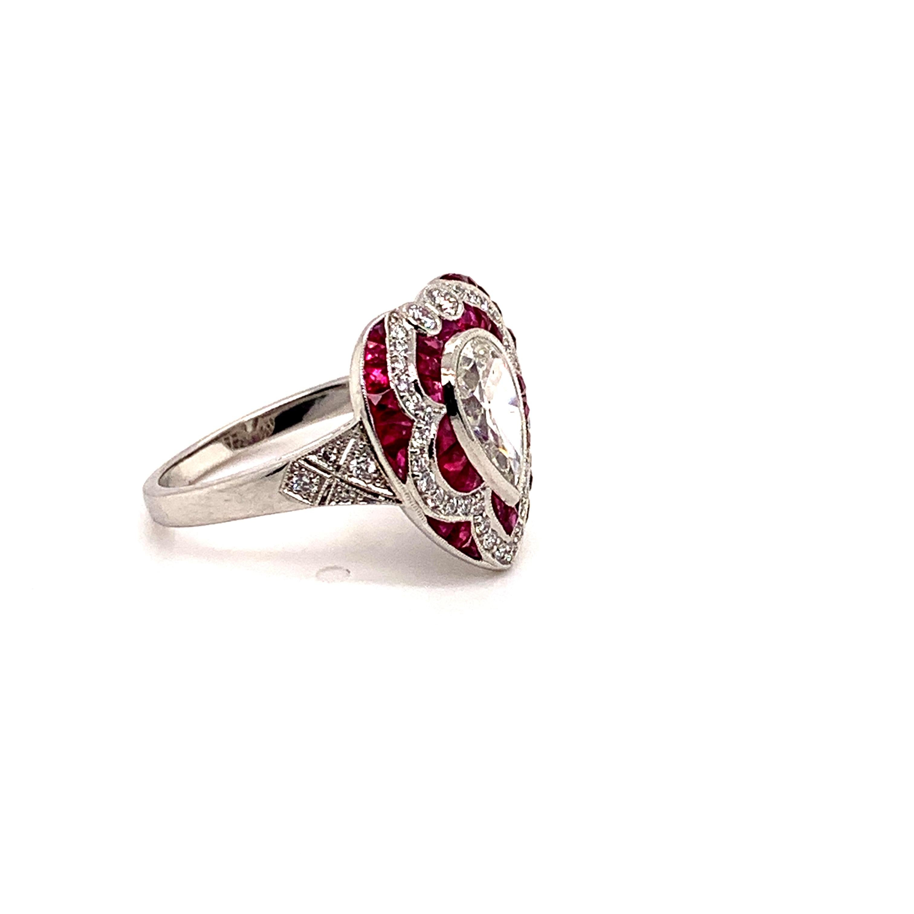 Pear Cut Sophia D, 1.30 Carat Pear Shape Center Diamond and Ruby Ring set in Platinum For Sale
