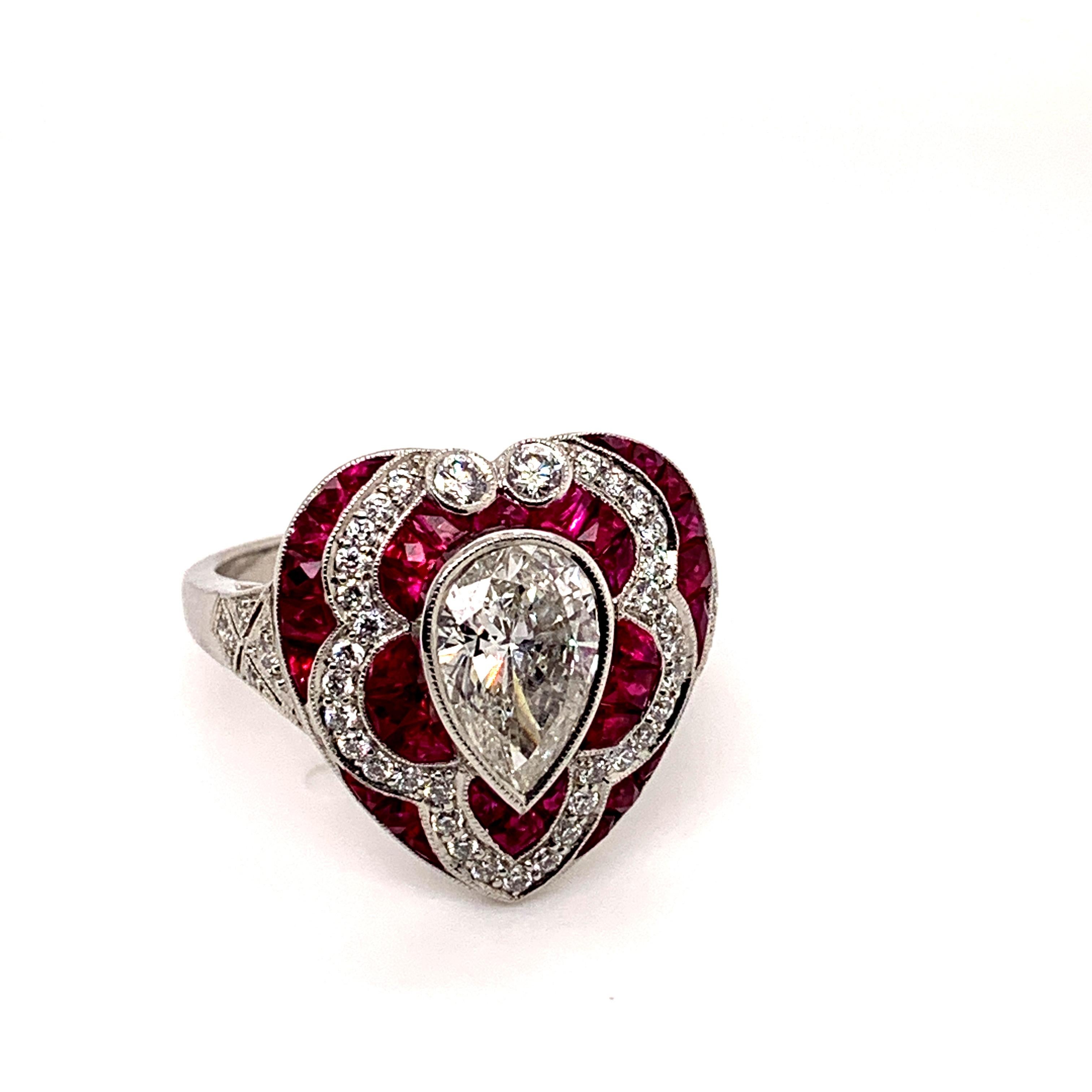 Sophia D, 1.30 Carat Pear Shape Center Diamond and Ruby Ring set in Platinum In New Condition For Sale In New York, NY