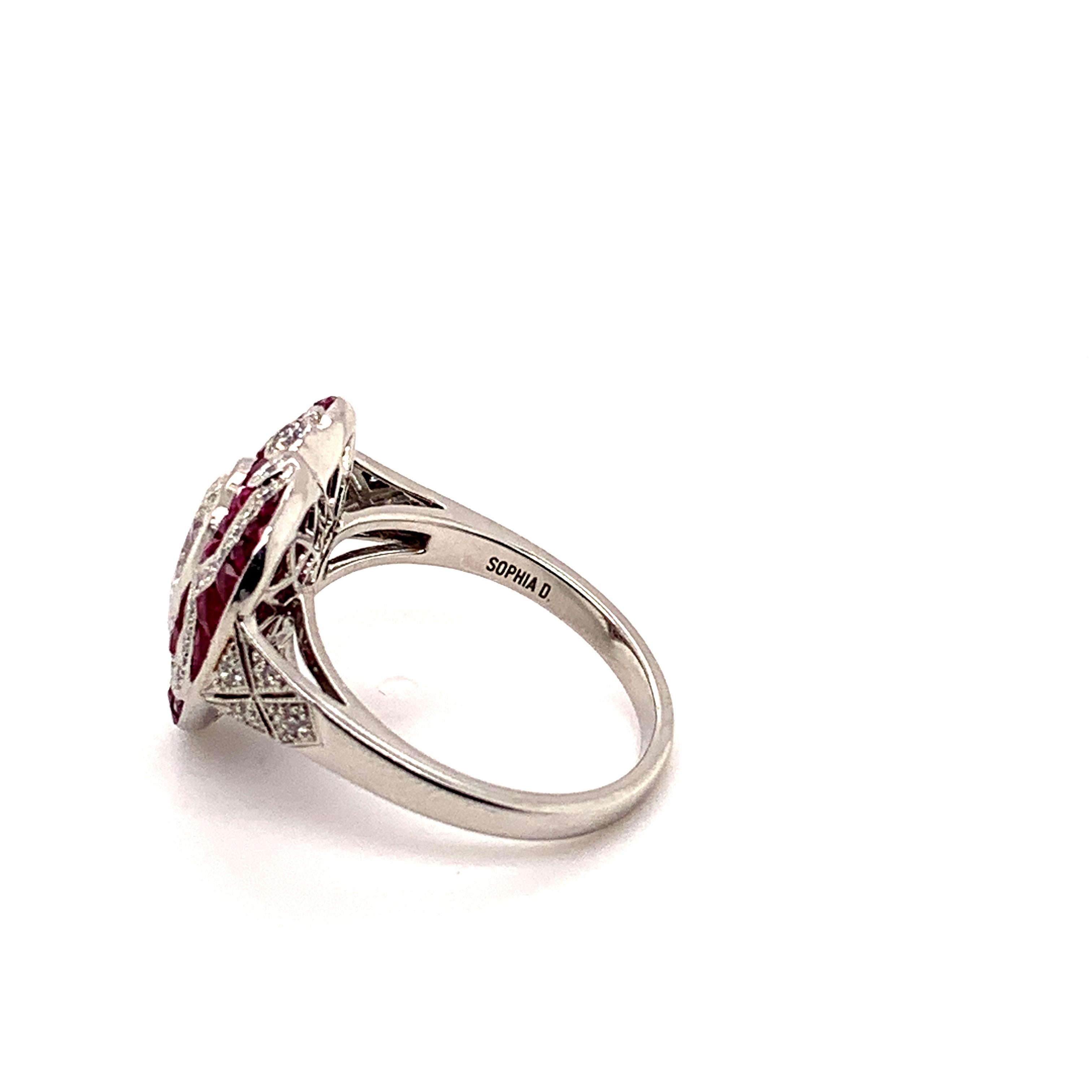 Women's Sophia D, 1.30 Carat Pear Shape Center Diamond and Ruby Ring set in Platinum For Sale