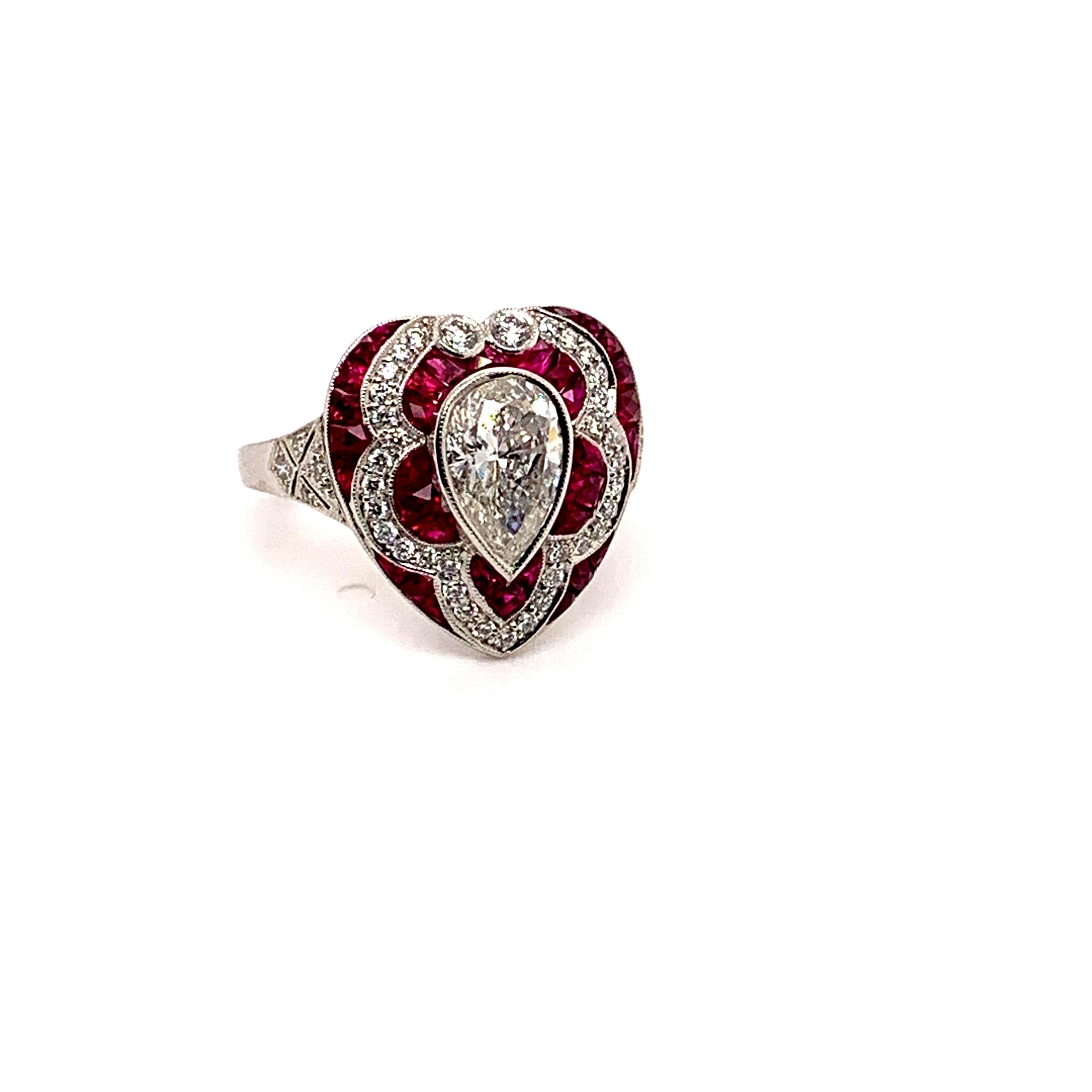Sophia D, 1.30 Carat Pear Shape Center Diamond and Ruby Ring set in Platinum For Sale 1