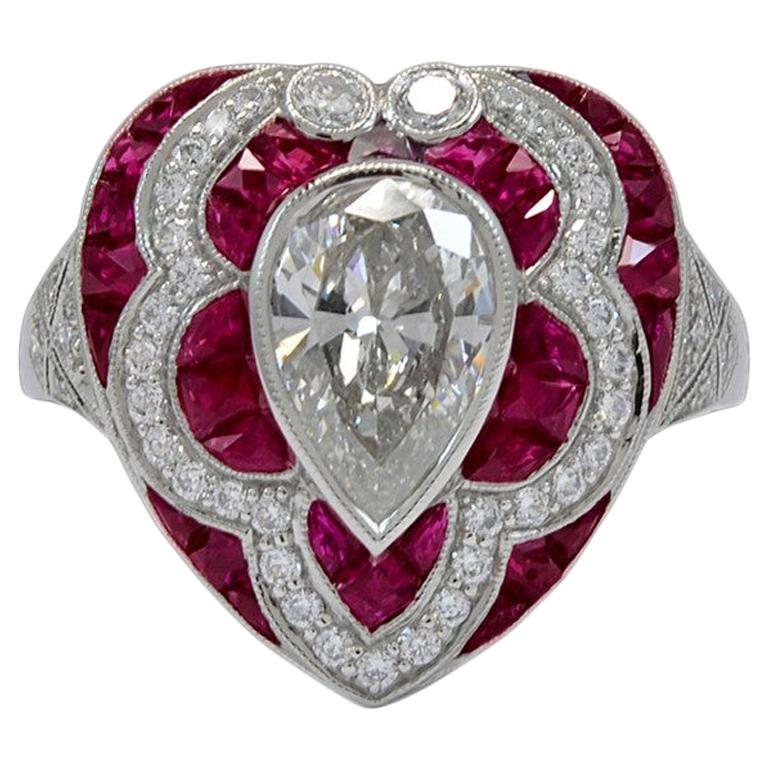 Sophia D, 1.30 Carat Pear Shape Center Diamond and Ruby Ring set in Platinum For Sale