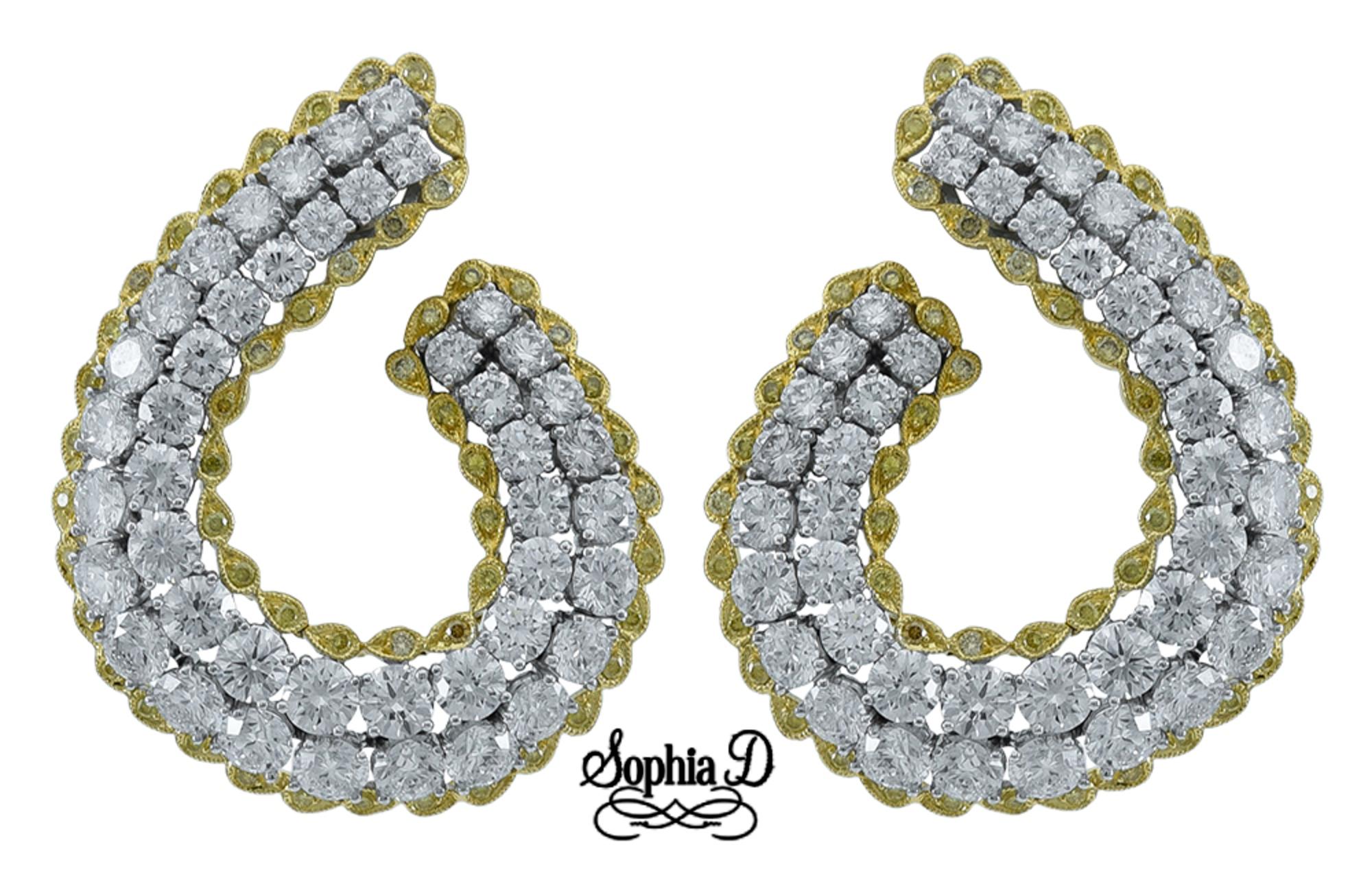 Round Cut Sophia D. 14.39 Carat Diamond and Yellow Sapphire Platinum Earrings For Sale