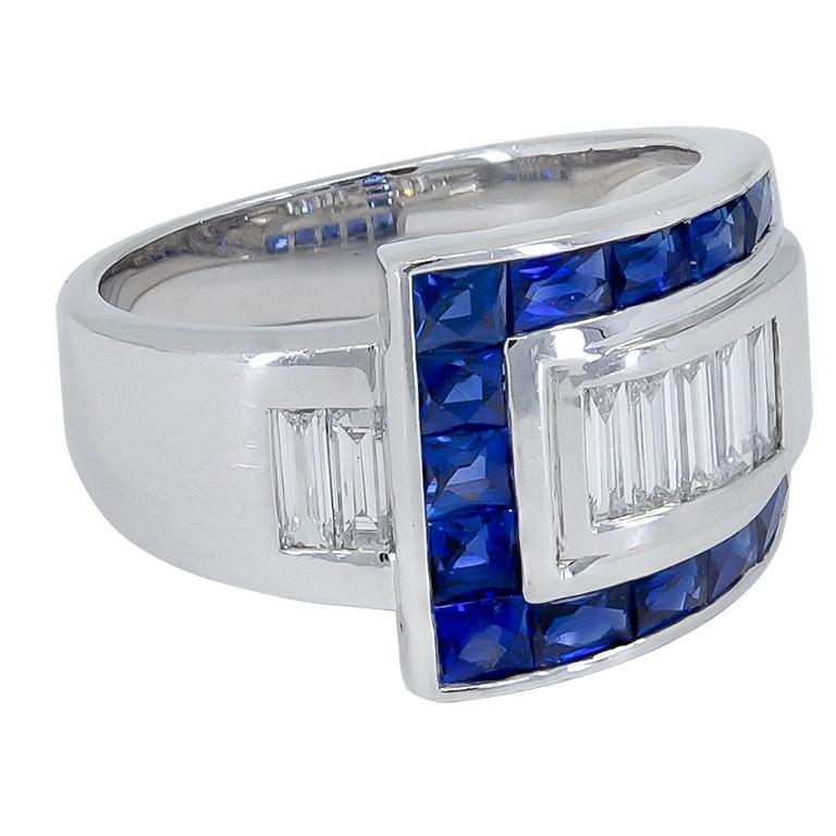 Square Cut Sophia D, 1.74 Carat Art Deco Sapphire and Diamond Platinum Ring For Sale