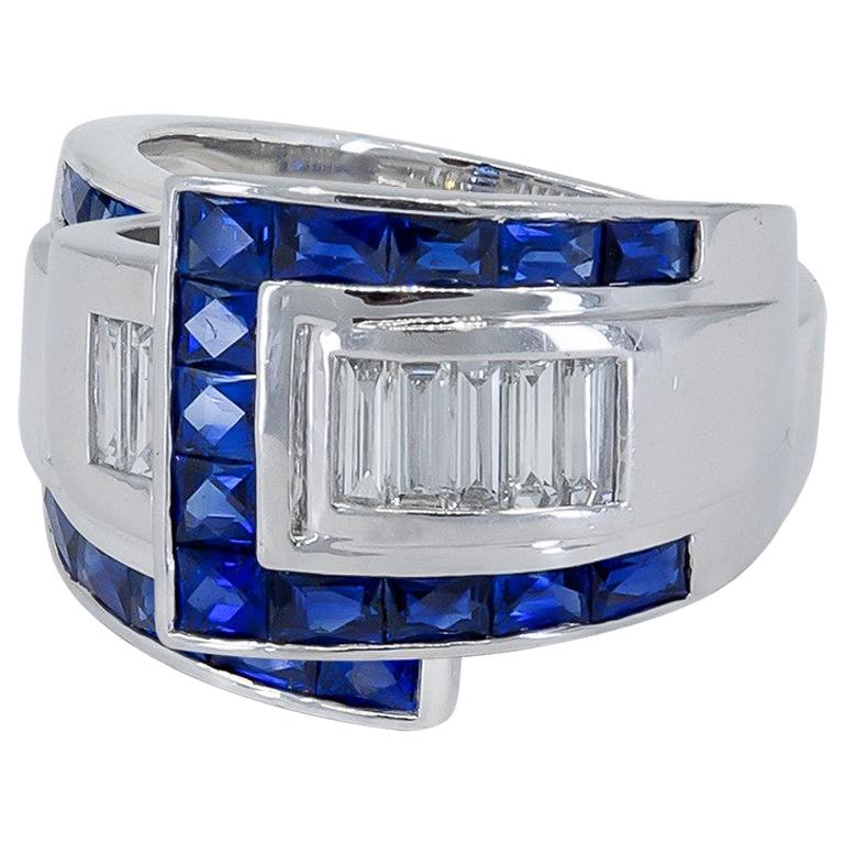 Sophia D, 1.74 Carat Art Deco Sapphire and Diamond Platinum Ring For Sale