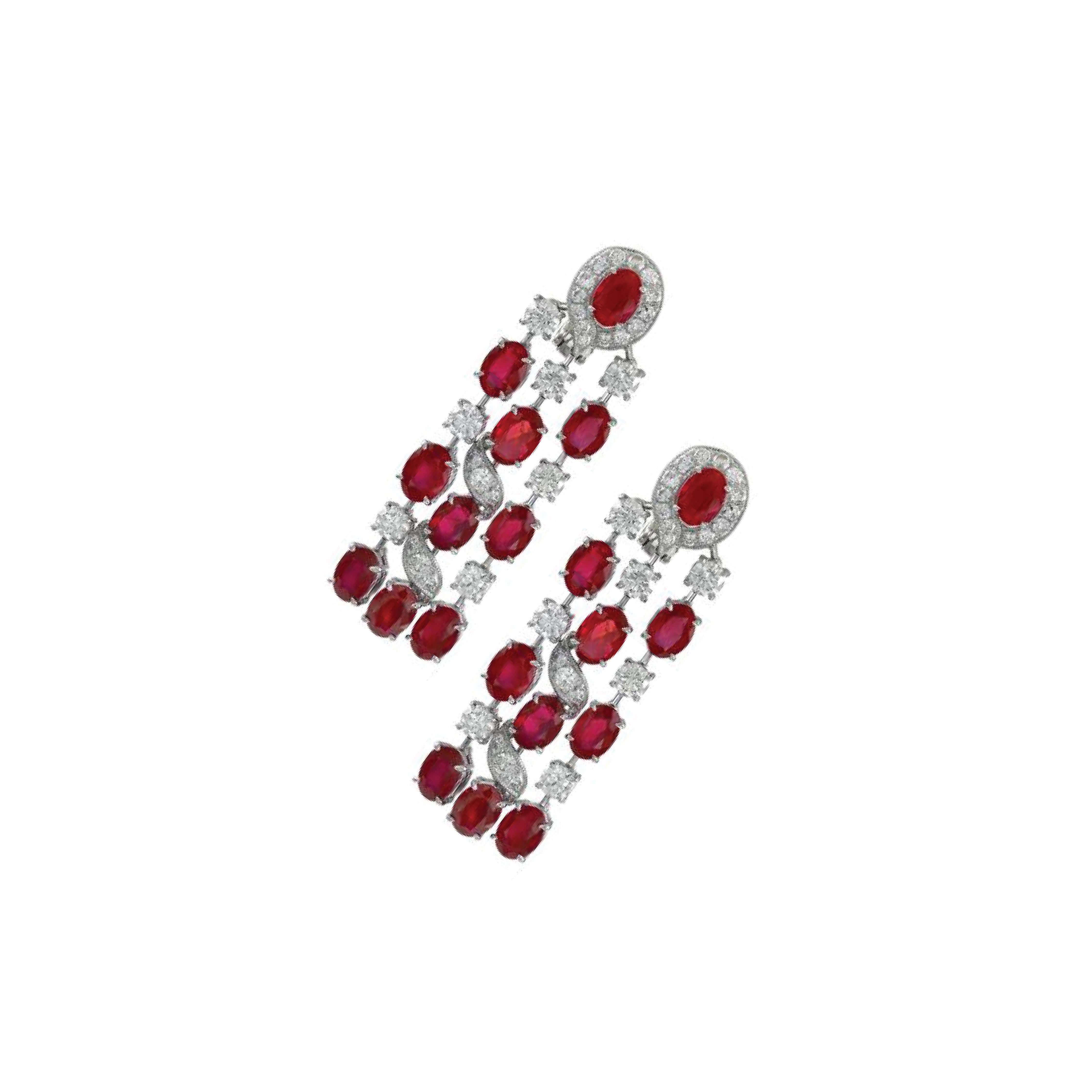 Round Cut Gorgeous Platinum 17.83 Carat of Rubies and Diamond Hanging Earrings