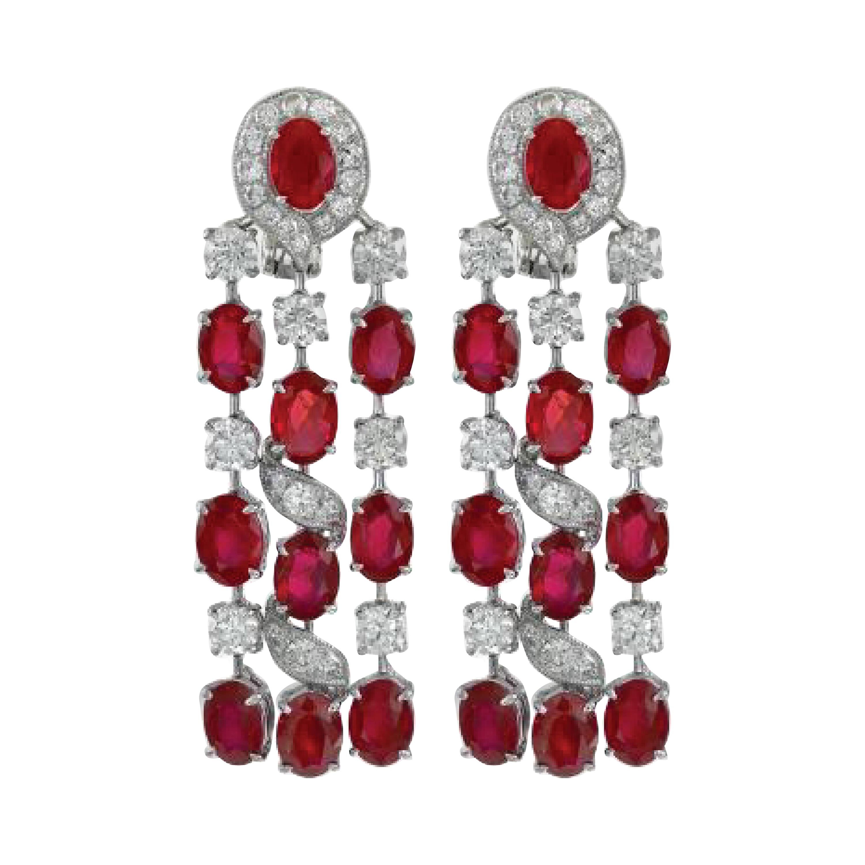 Gorgeous Platinum 17.83 Carat of Rubies and Diamond Hanging Earrings