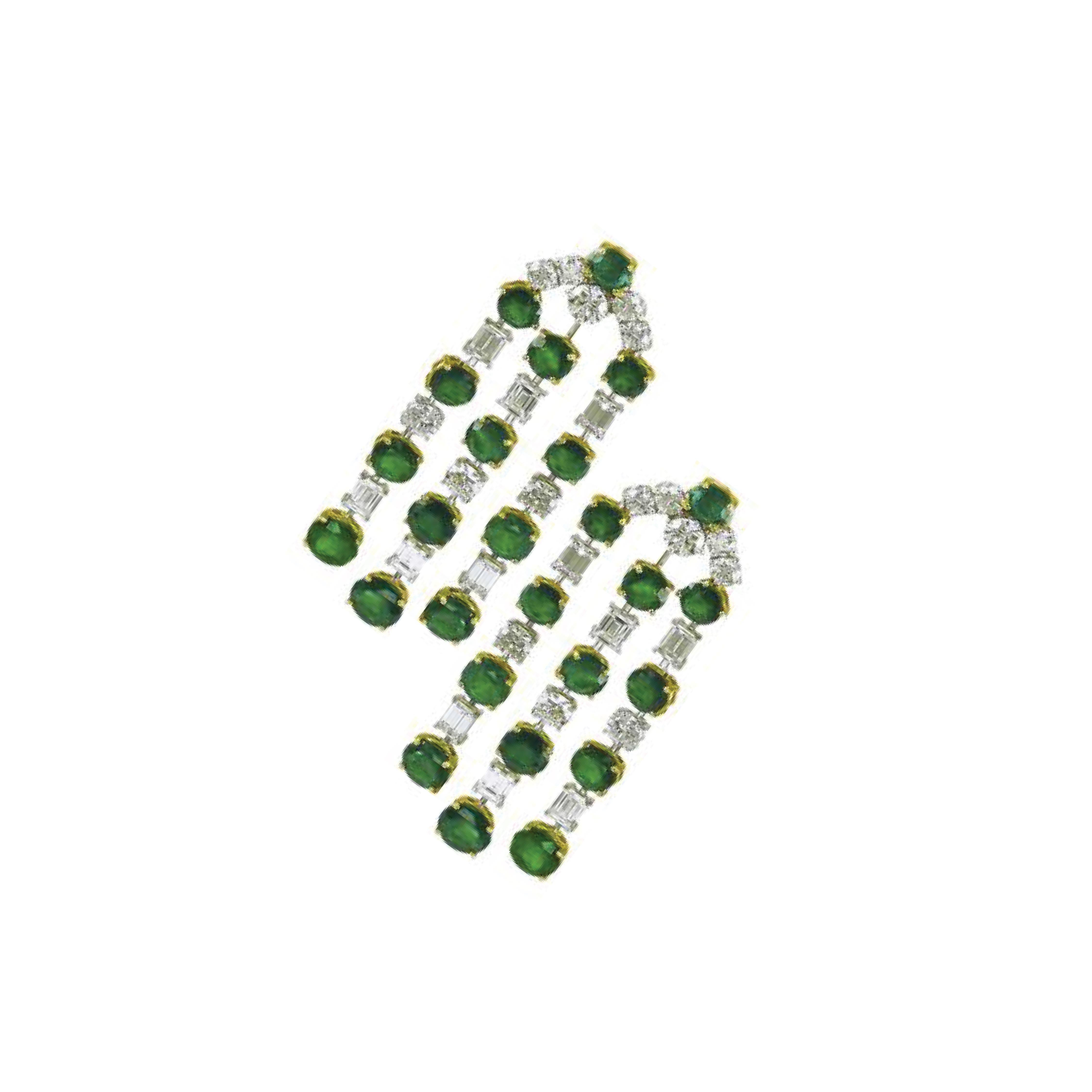 Round Cut  Sophia D. Emerald and Diamond Chandelier Earrings in Platinum and Yellow Gold For Sale