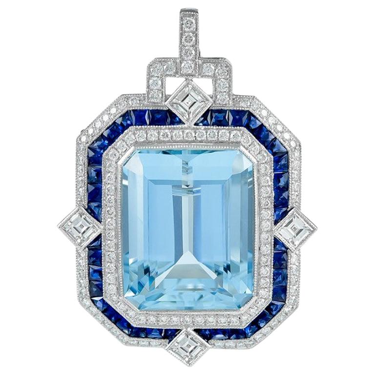 Sophia D. 24.38 Carat Center Aquamarine, Sapphire and Diamond Pendant For Sale