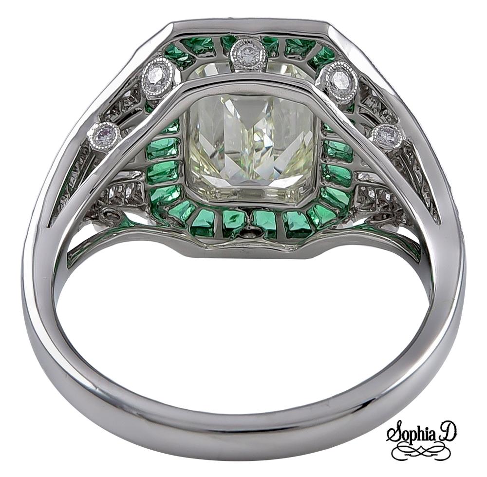 Emerald Cut Sophia D 2.75 Carat Center Diamond and Emerald Art Deco Ring For Sale