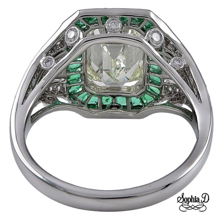 Sophia D 2.75 Carat Center Diamond and Emerald Art Deco Ring For Sale