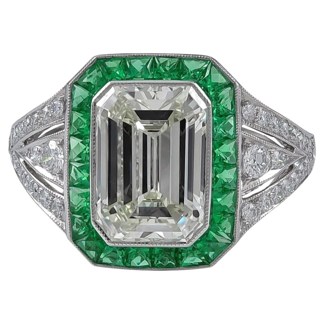 Sophia D 2.75 Carat Center Diamond and Emerald Art Deco Ring For Sale