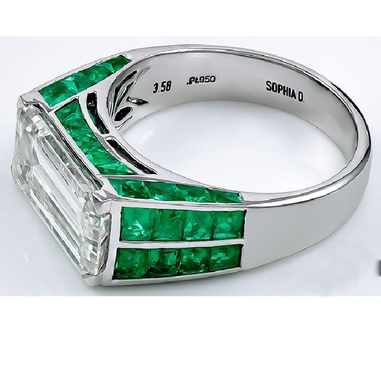 Art Deco Sophia D. 3.58 Carat Emerald Cut Center Diamond and Emerald Platinum Ring For Sale