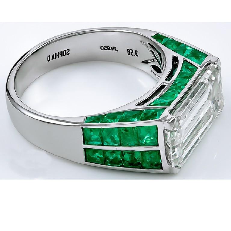 French Cut Sophia D. 3.58 Carat Emerald Cut Center Diamond and Emerald Platinum Ring For Sale