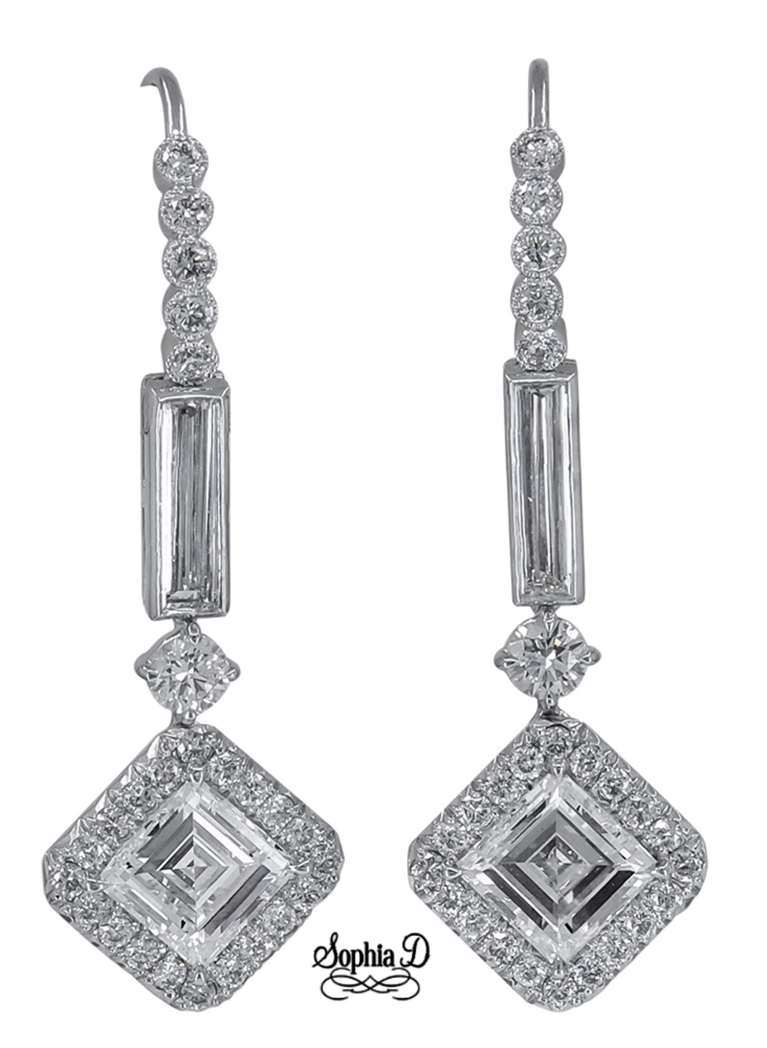 Art Deco Sophia D. 3.88 Carat Diamond Shape All Diamond Platinum Earrings For Sale