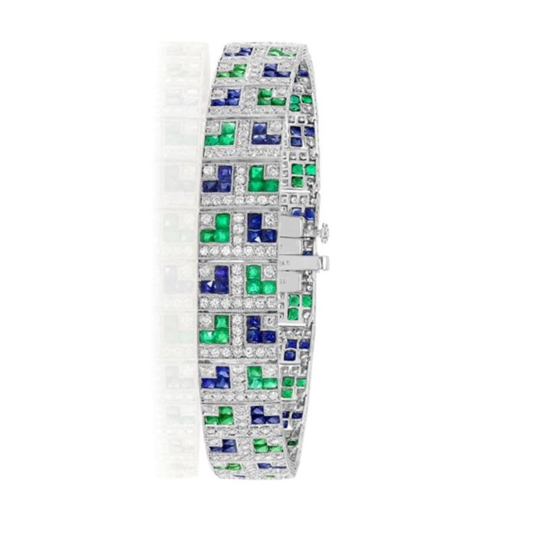 Sophia D. Art Deco Platinum Bracelet with Sapphire, Emerald and Diamond.  In New Condition For Sale In New York, NY