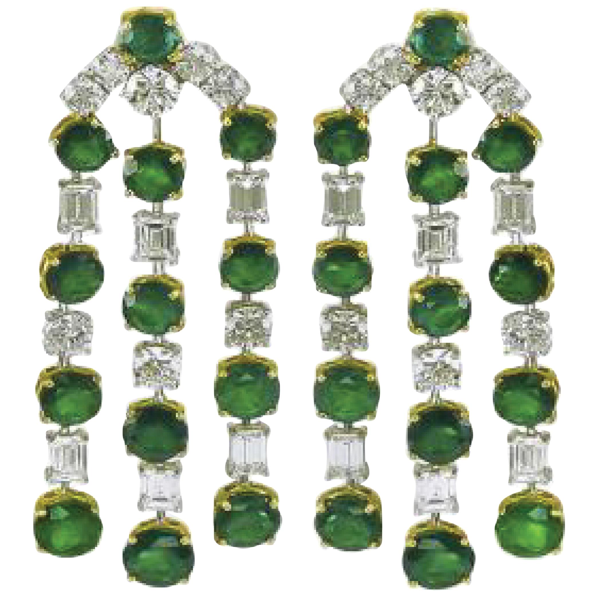  Sophia D. Emerald and Diamond Chandelier Earrings in Platinum and Yellow Gold For Sale
