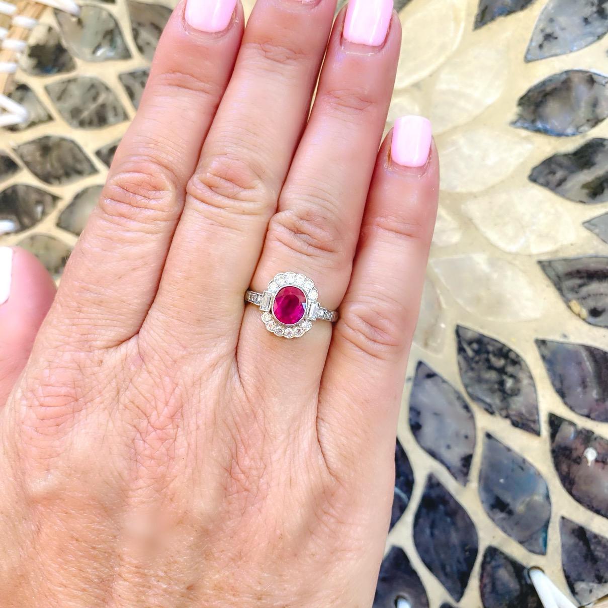 Gorgeous Platinum Burma Ruby & Diamond Deco Style Ring In Excellent Condition For Sale In San Francisco, CA