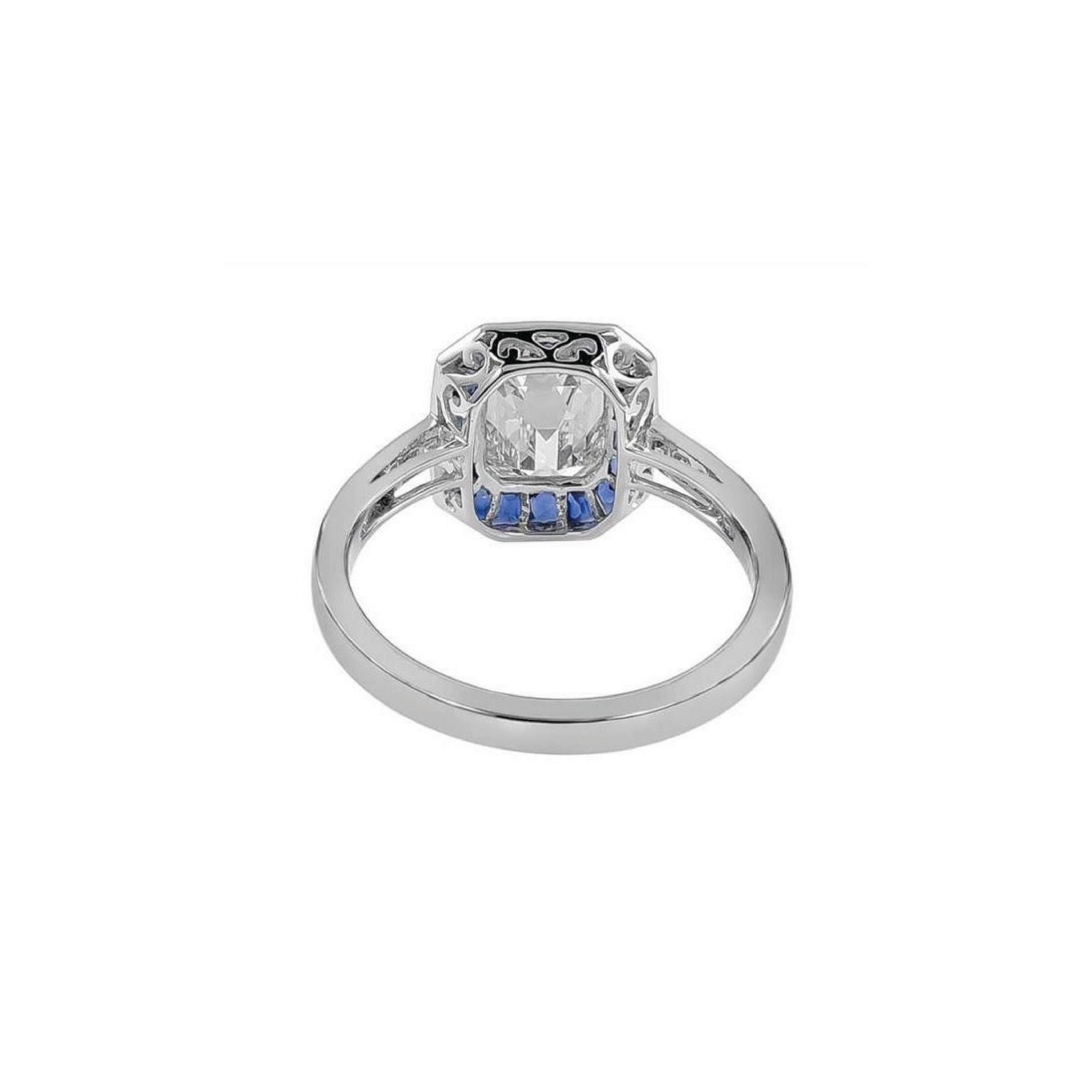 Emerald Cut Sophia D GIA Certified 1.03 Carat Diamond and Blue Sapphire Platinum Ring For Sale