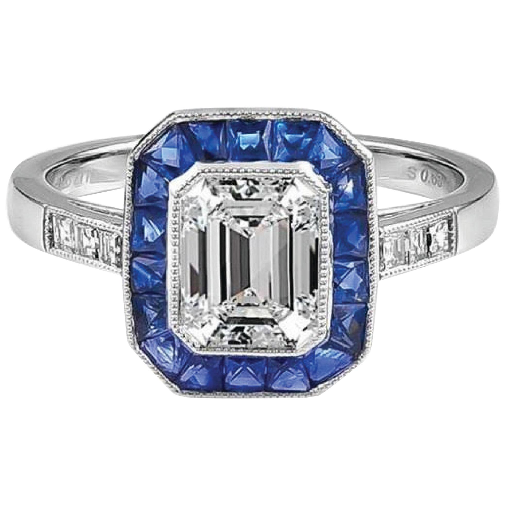 Sophia D GIA Certified 1.03 Carat Diamond and Blue Sapphire Platinum Ring For Sale