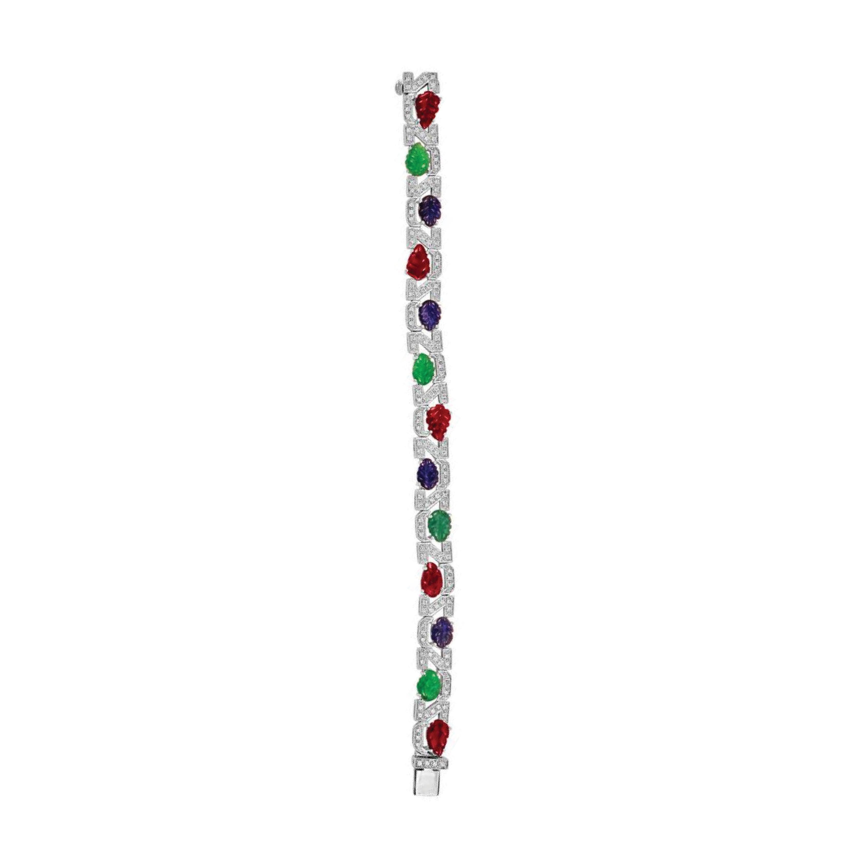 Round Cut Sophia D, Ruby, Emerald and Sapphire Leaf Motif Bracelet set in Platinum For Sale