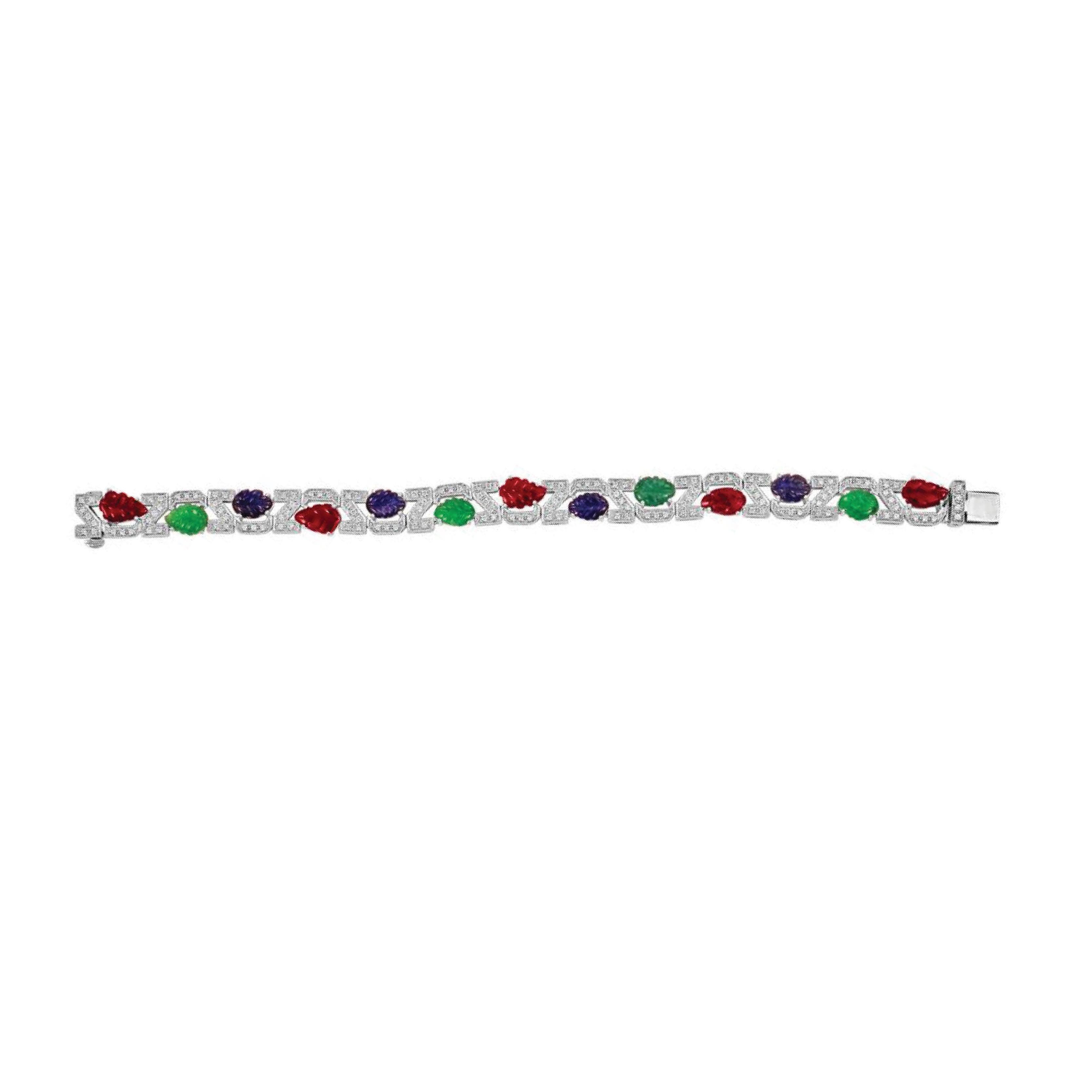Sophia D, Ruby, Emerald and Sapphire Leaf Motif Bracelet set in Platinum In New Condition For Sale In New York, NY