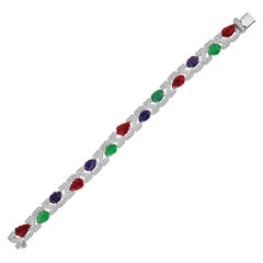 Gorgeous Platinum Diamond Bracelet with Leaf Designed Ruby, Emerald and Sapphire