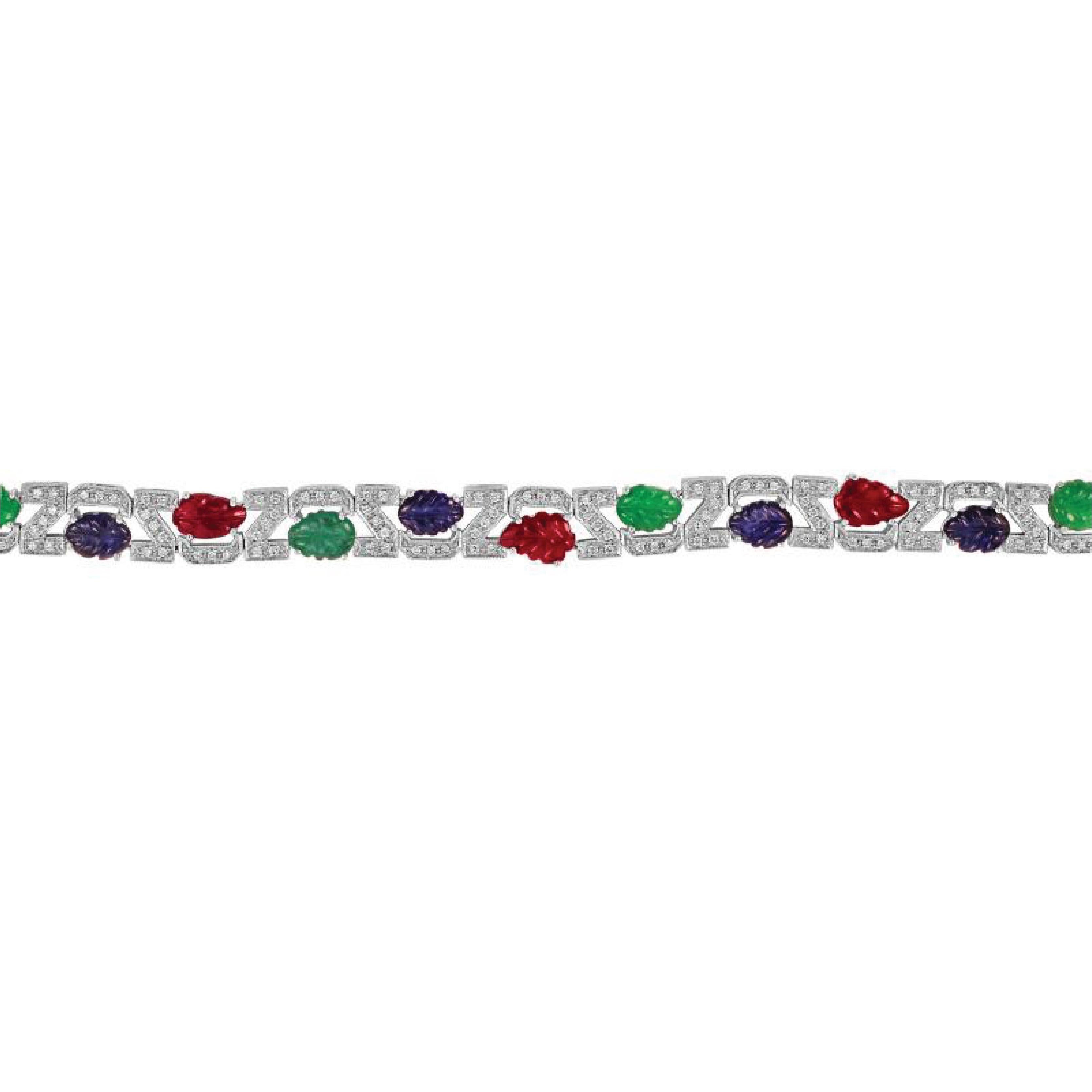 Platinum Set Bracelet consisting of Diamonds weighing 1.10ct with 5 Red Rubies 4.56ct, 4 Green Emeralds 3.57ct, and 4 Blue Sapphires 5.93ct in a Leaf Design

Sophia D by Joseph Dardashti LTD has been known worldwide for 35 years and are inspired by