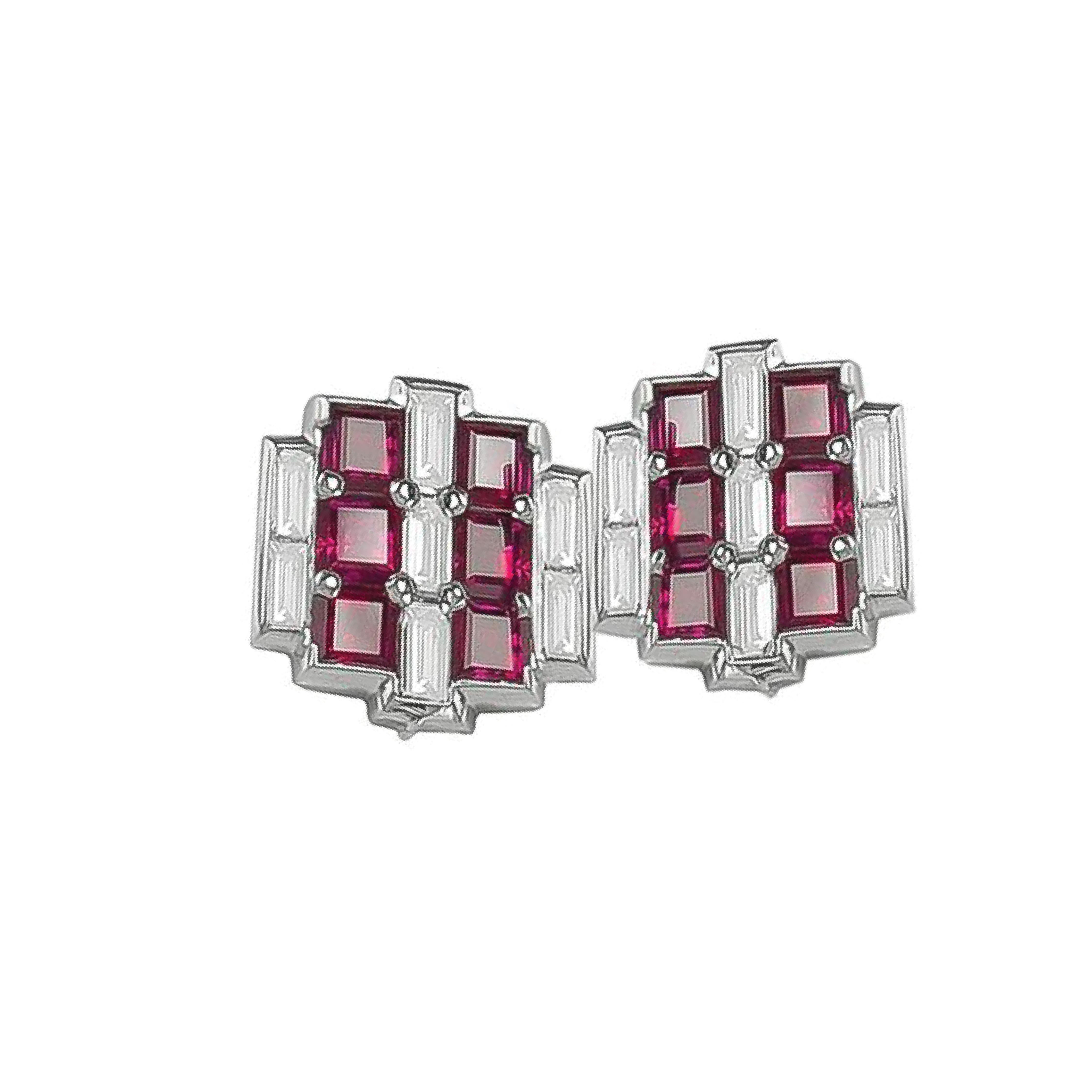 Square Cut Sophia D. Diamond and Ruby Cufflinks in Platinum For Sale