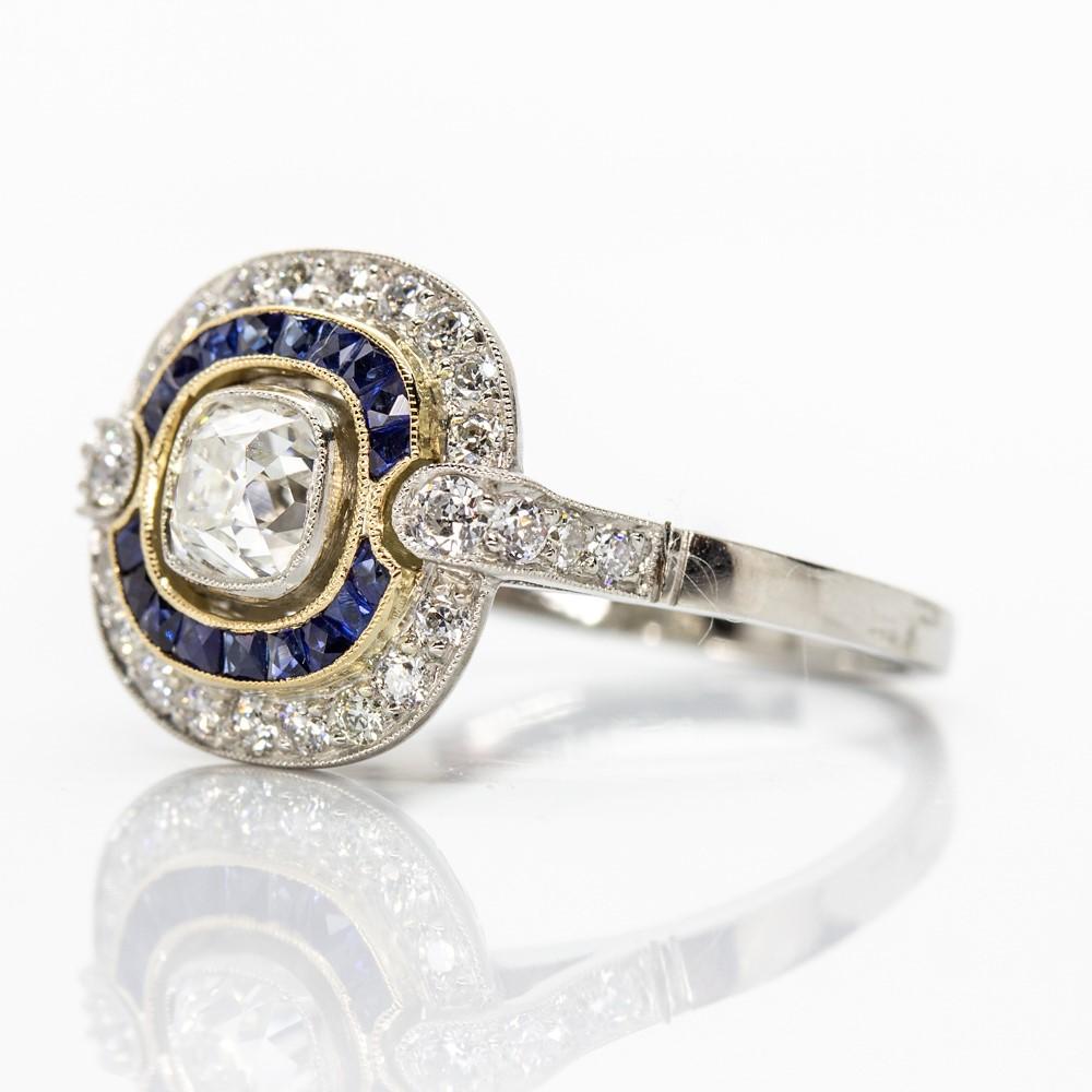 Old Mine Cut Gorgeous Platinum Diamonds and Sapphires Ring For Sale