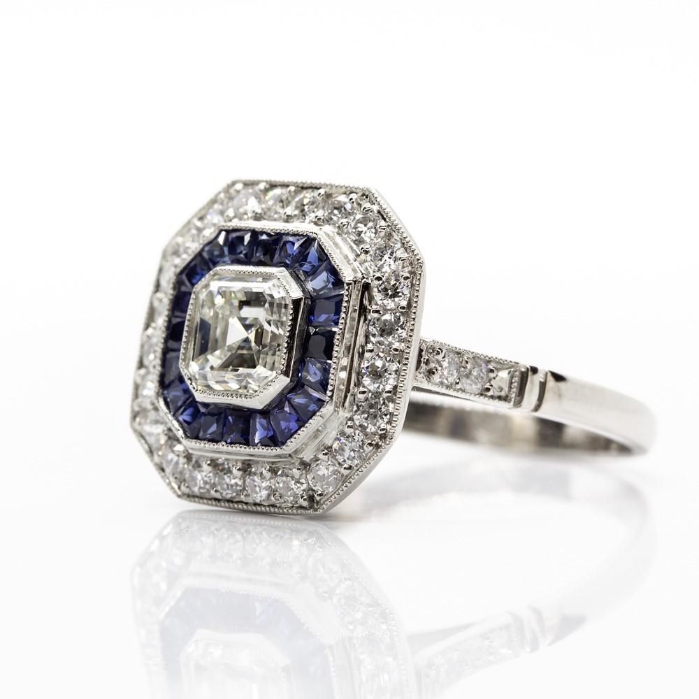 Asscher Cut  Platinum Diamonds and Sapphires Ring