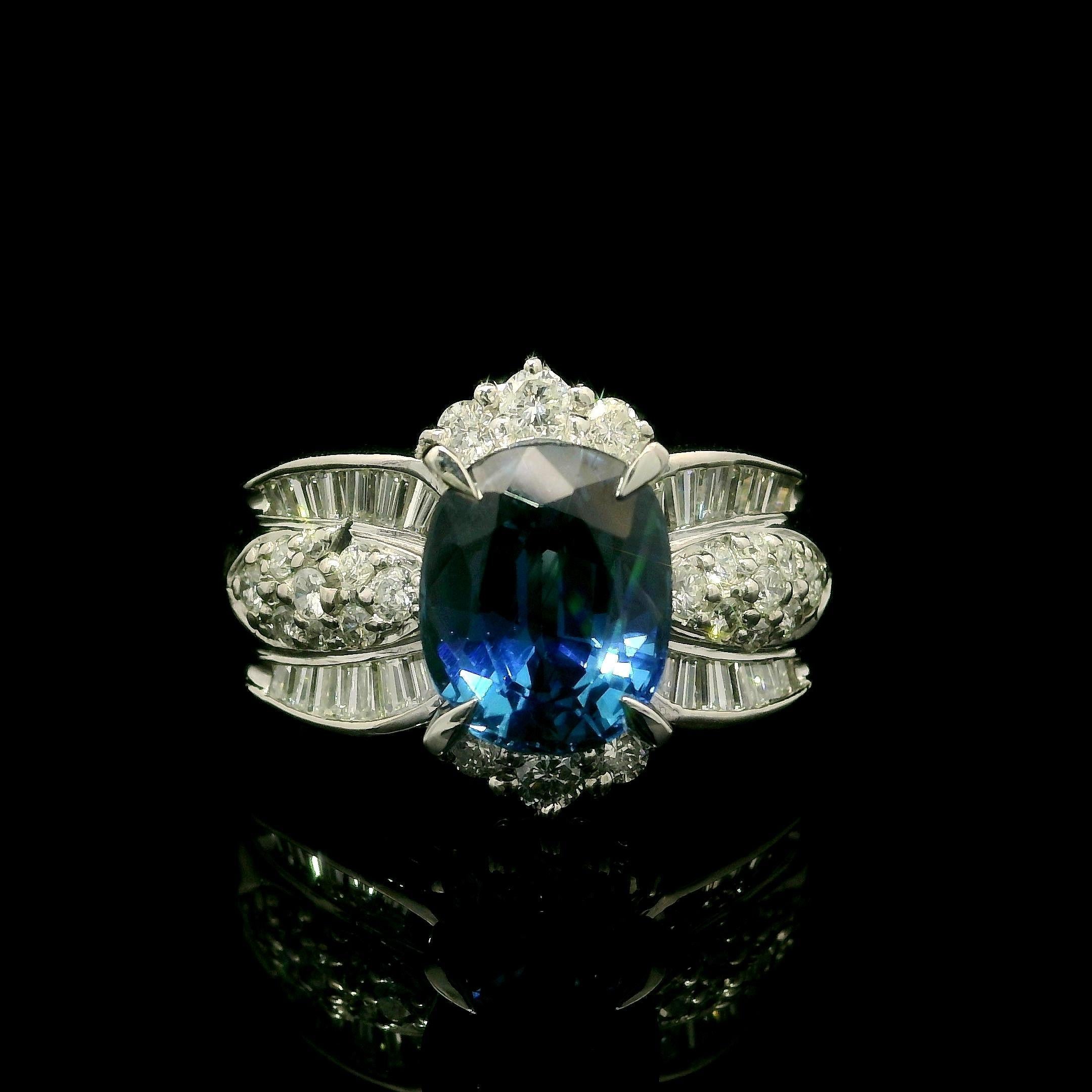 Gorgeous Platinum GIA 3.71ctw Oval Blue Clean Brilliant Sapphire & Diamond Ring Excellent état - En vente à Montclair, NJ