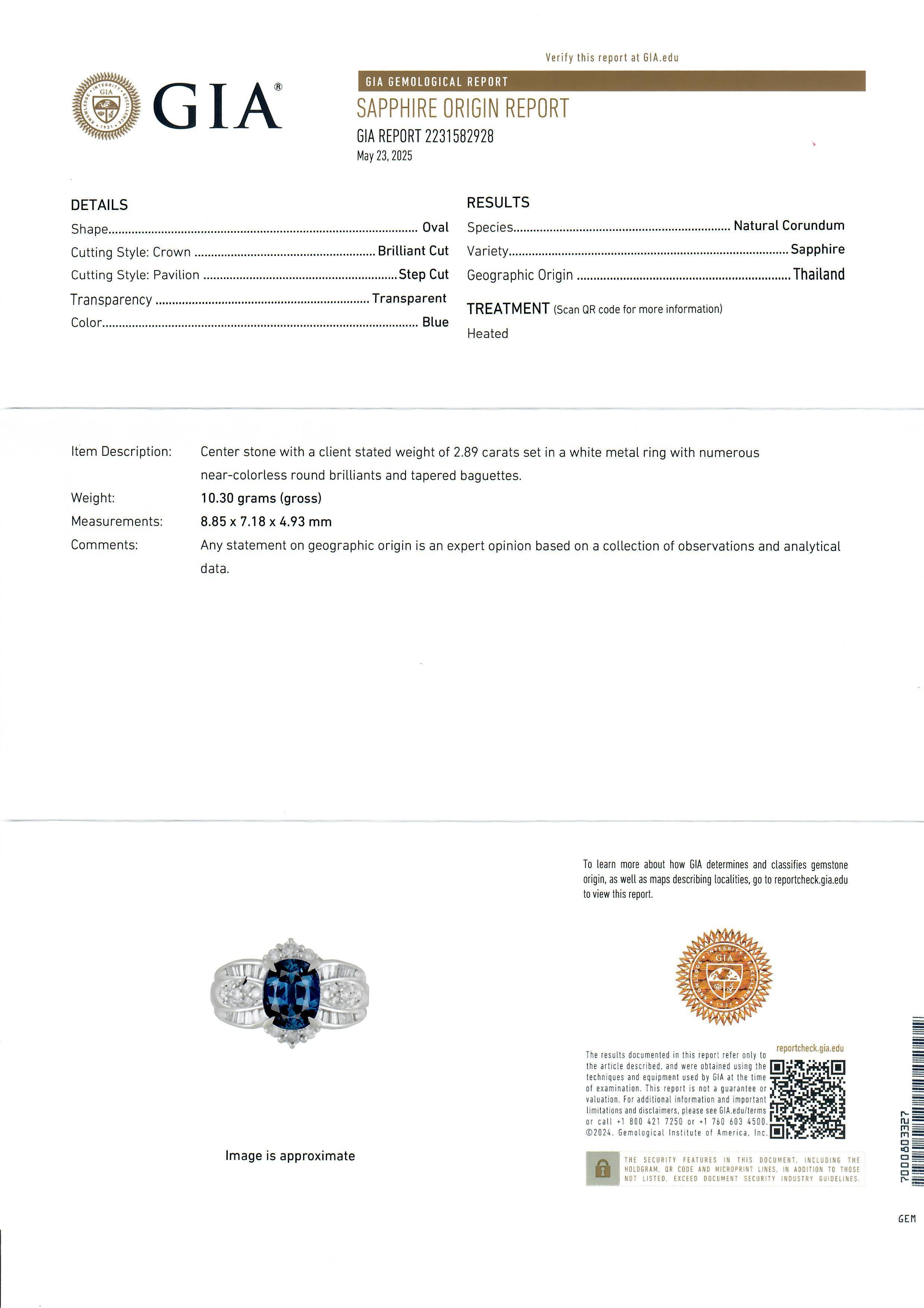 Gorgeous Platinum GIA 3.71ctw Oval Blue Clean Brilliant Sapphire & Diamond Ring en vente 3